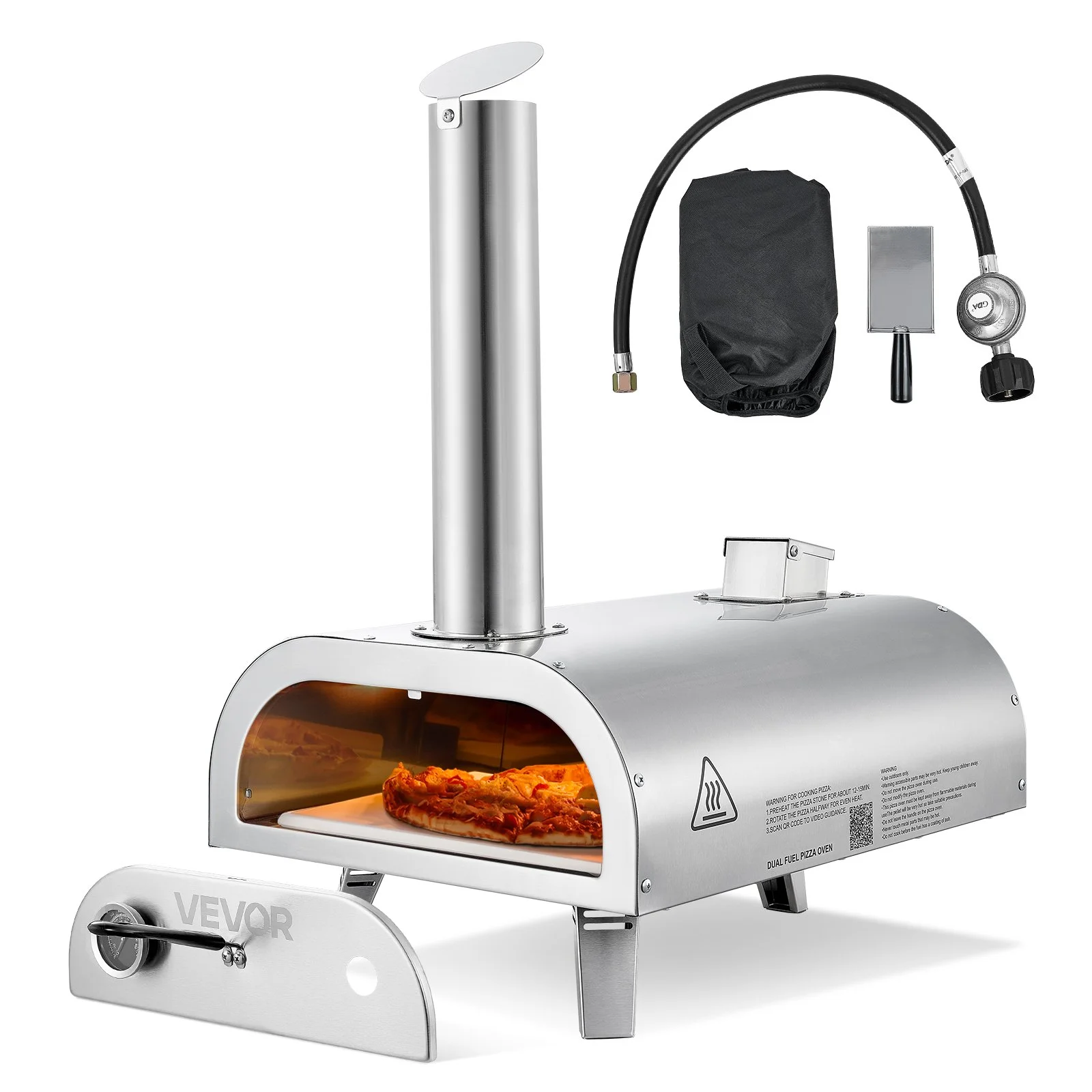 Dual Fuel Pizza Oven Outdoor, 12 Inch Wood Fire & Propane Gas Pizza Oven, Pellet & Propane Pizza-Maker with Thermometer, Stainless Steel Pizza-Cook for Outside Camping & Backyard