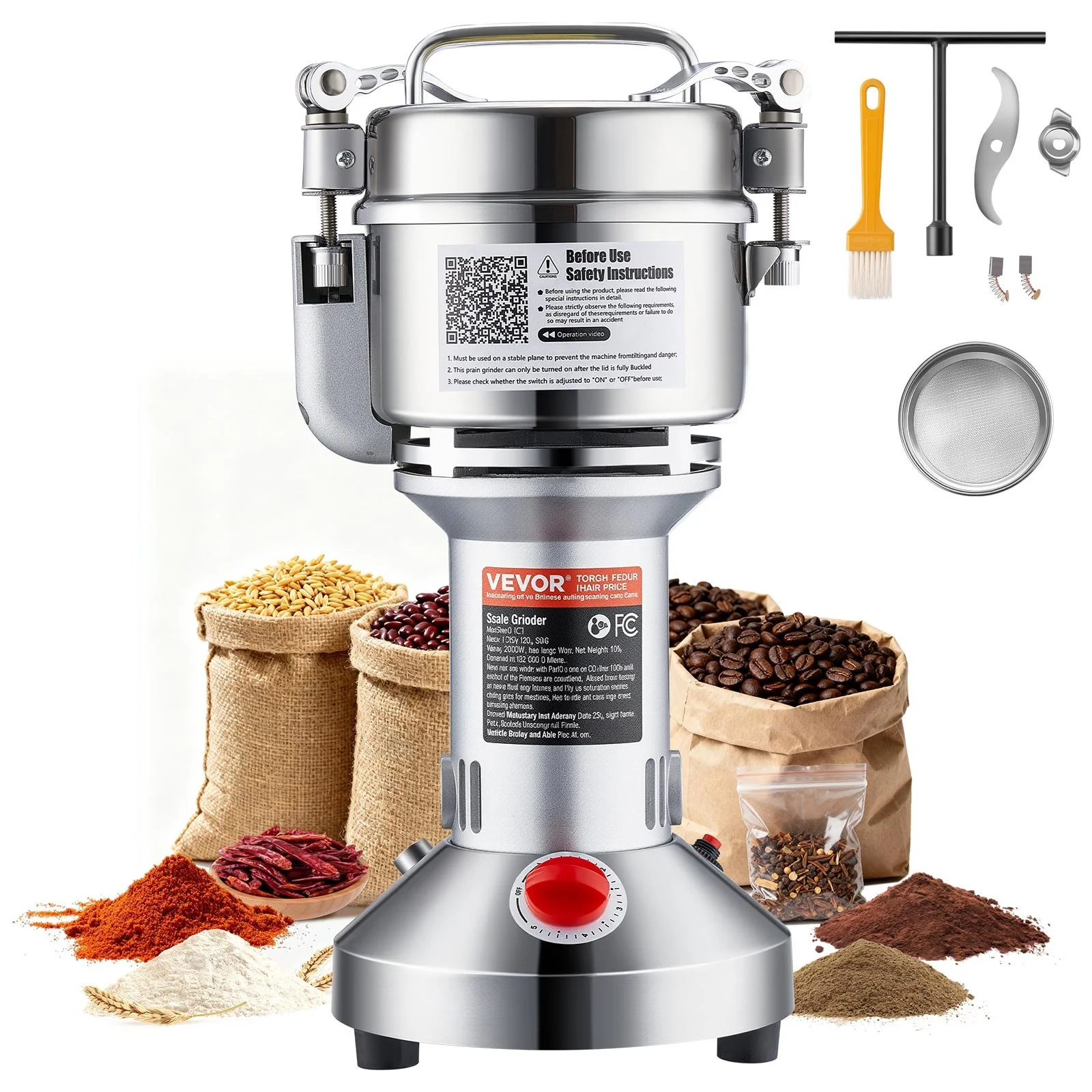 300g Electric Grain Mill Grinder, High Speed 1500W Commercial Spice Grinders, Stainless Steel Pulverizer Powder Machine, for Dry Grains Spices Cereals Coffee Corn Pepper, Straight Type