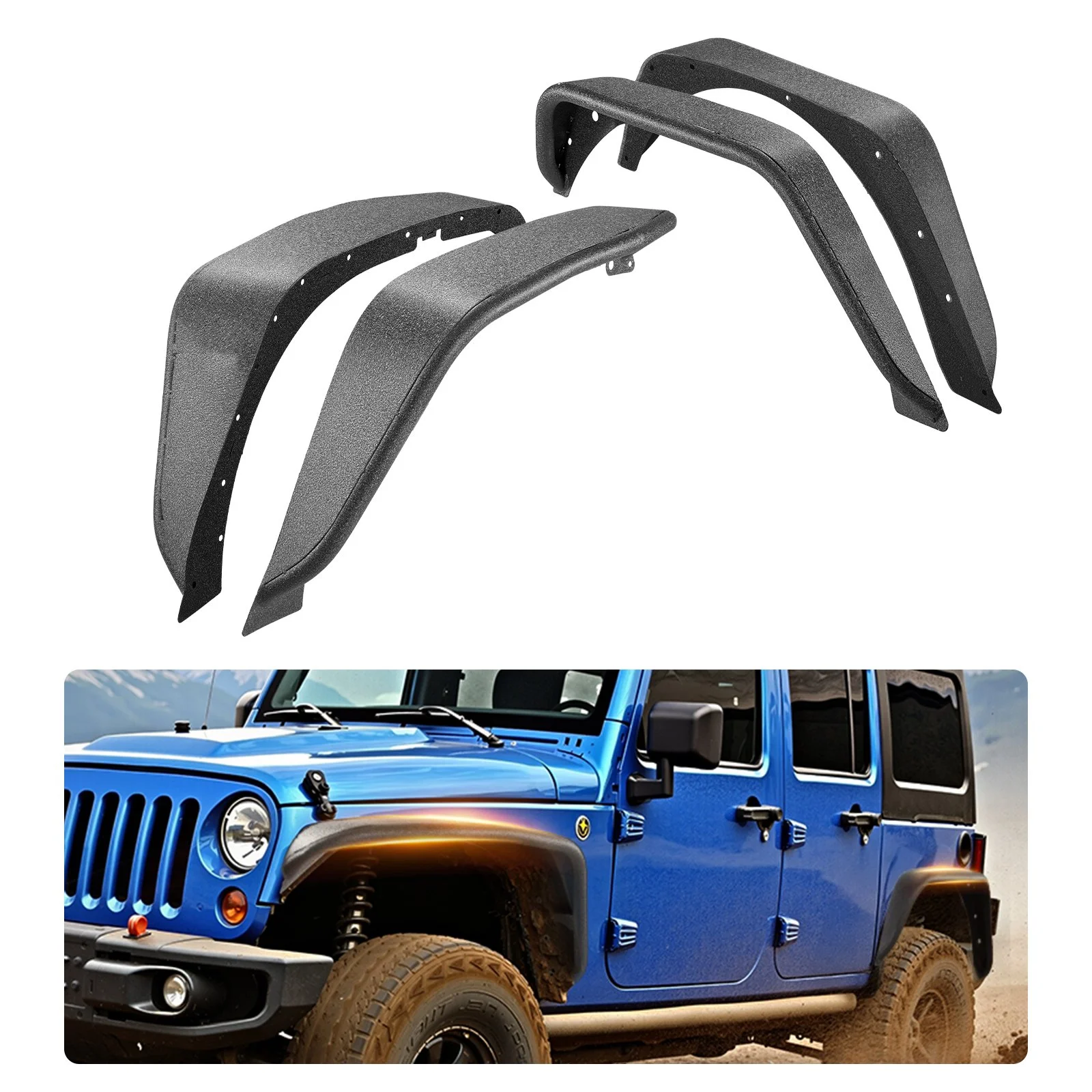 Fender Flare, Front & Rear Jeep Fender Flares Compatible with 2007-2018 Jeep JK/JKU 2/4 Doors, Fine-Textured Black Paintable Off-Road Steel Liner Set, Fenders for Jeep JK, Rust-Resistant Coating