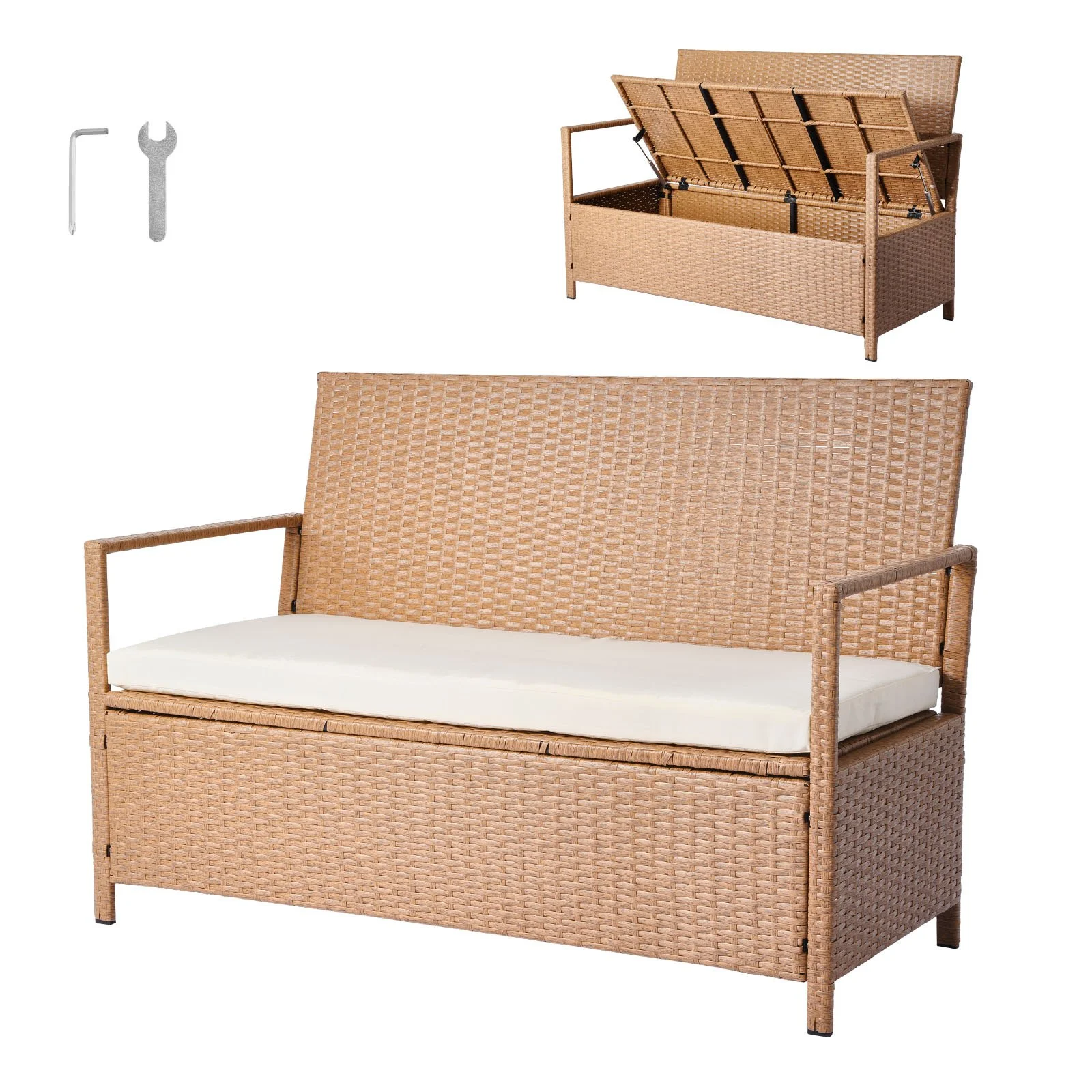 Outdoor Storage Bench, 2-Person PE Rattan Storage Bench, 70 Gal Deck Box with Cushion, Supports up to 265 lbs, Weatherproof Outdoor Seating & Porch Decor for Patio Garden Balcony Yard