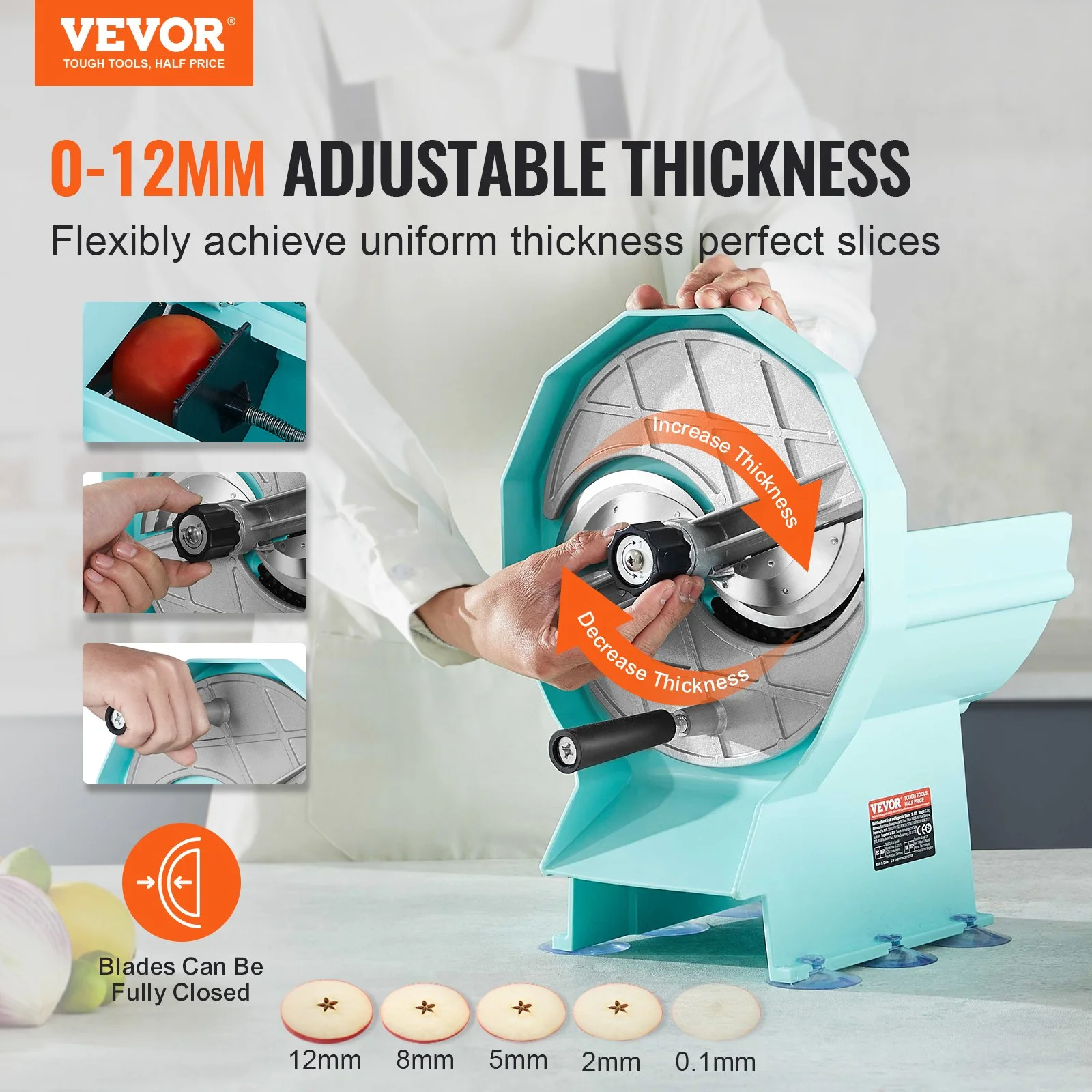 Manual Vegetable Fruit Slicer, 0-0.5"/0-12mm Thickness Adjustable Commercial Slicer Machine, Double Feed Ports, Stainless Steel Blade Food Cutter Slicing Machine for Cucumber, Lemon, Tomato - Image 10