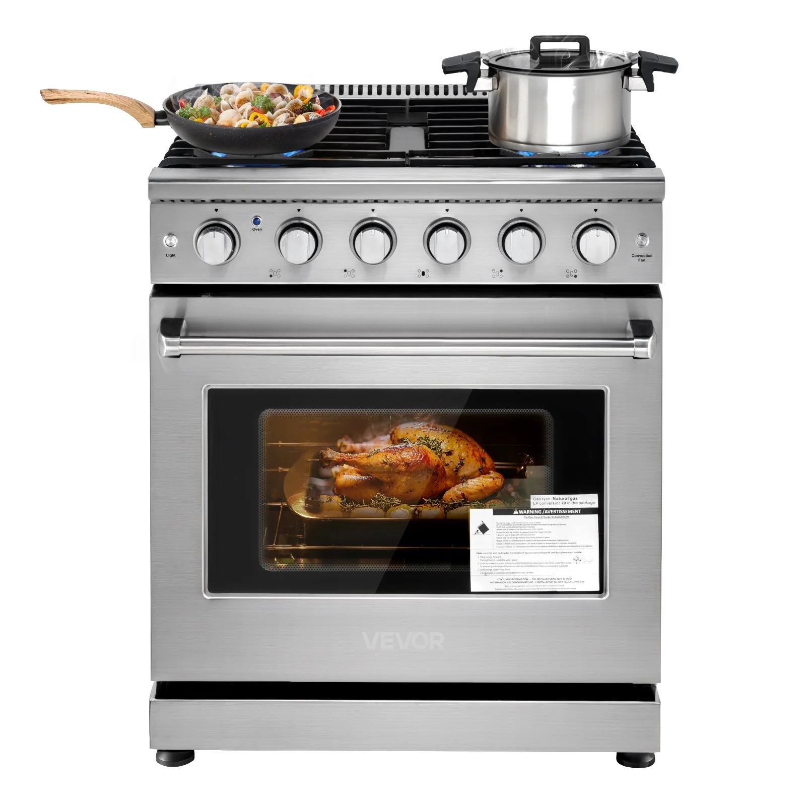 Gas Range Oven, 30 Inches Width, Freestanding Stainless Steel Stove and Oven with 5 Sealed Cooktop Burners, Easy Reach Racks, 4.8 Cu. Ft. Capacity, for Apartment, Home, Kitchen