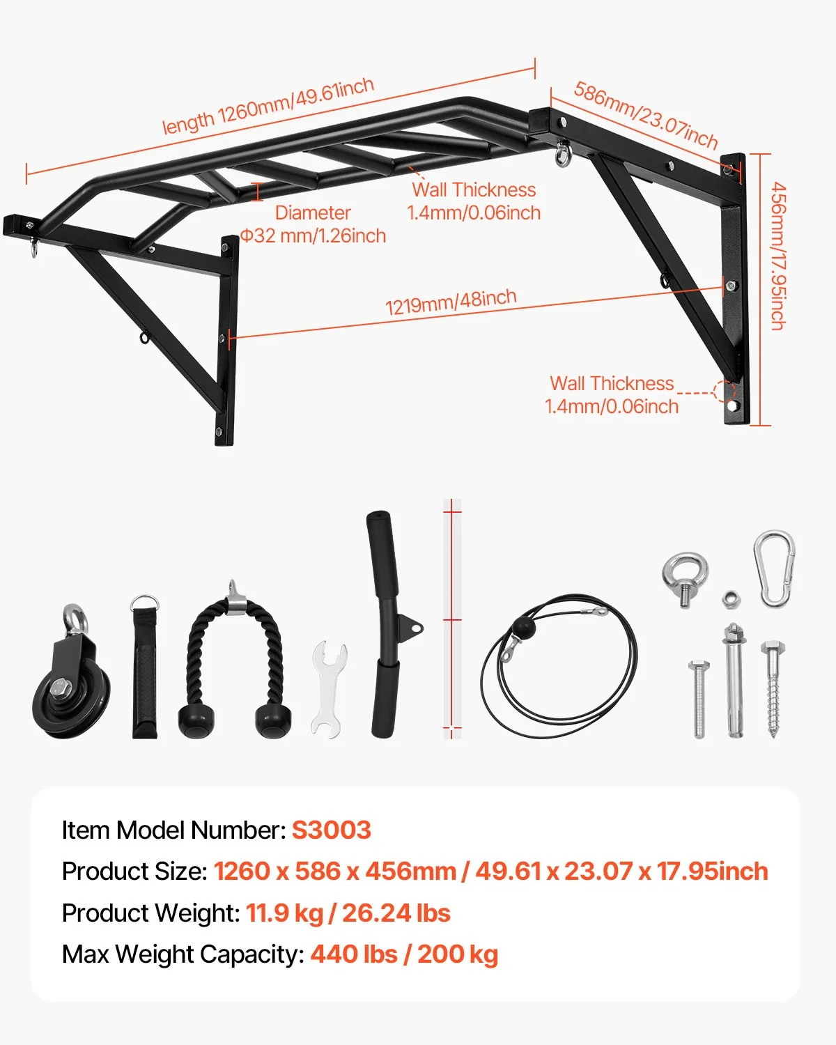 Pull Up Bar, Multi-Grip Wall Mounted Pull Ups, 50 in Width Multifunctional Chin Up Training Station, Heavy Duty Steel Upper Body Workout Bars with LAT Pulldown Attachments, 440 lbs, for Home Gym - Image 6