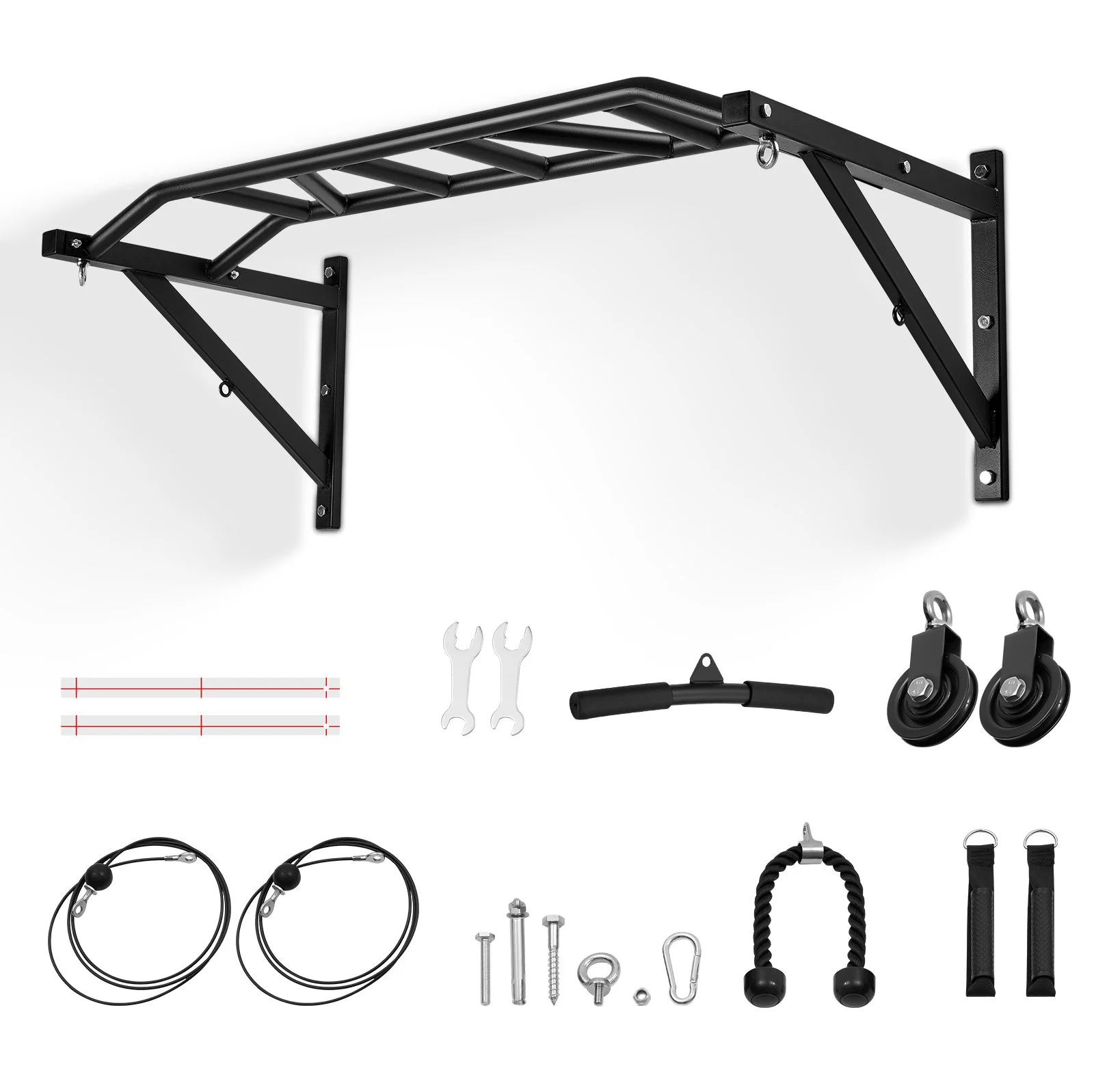 Pull Up Bar, Multi-Grip Wall Mounted Pull Ups, 50 in Width Multifunctional Chin Up Training Station, Heavy Duty Steel Upper Body Workout Bars with LAT Pulldown Attachments, 440 lbs, for Home Gym