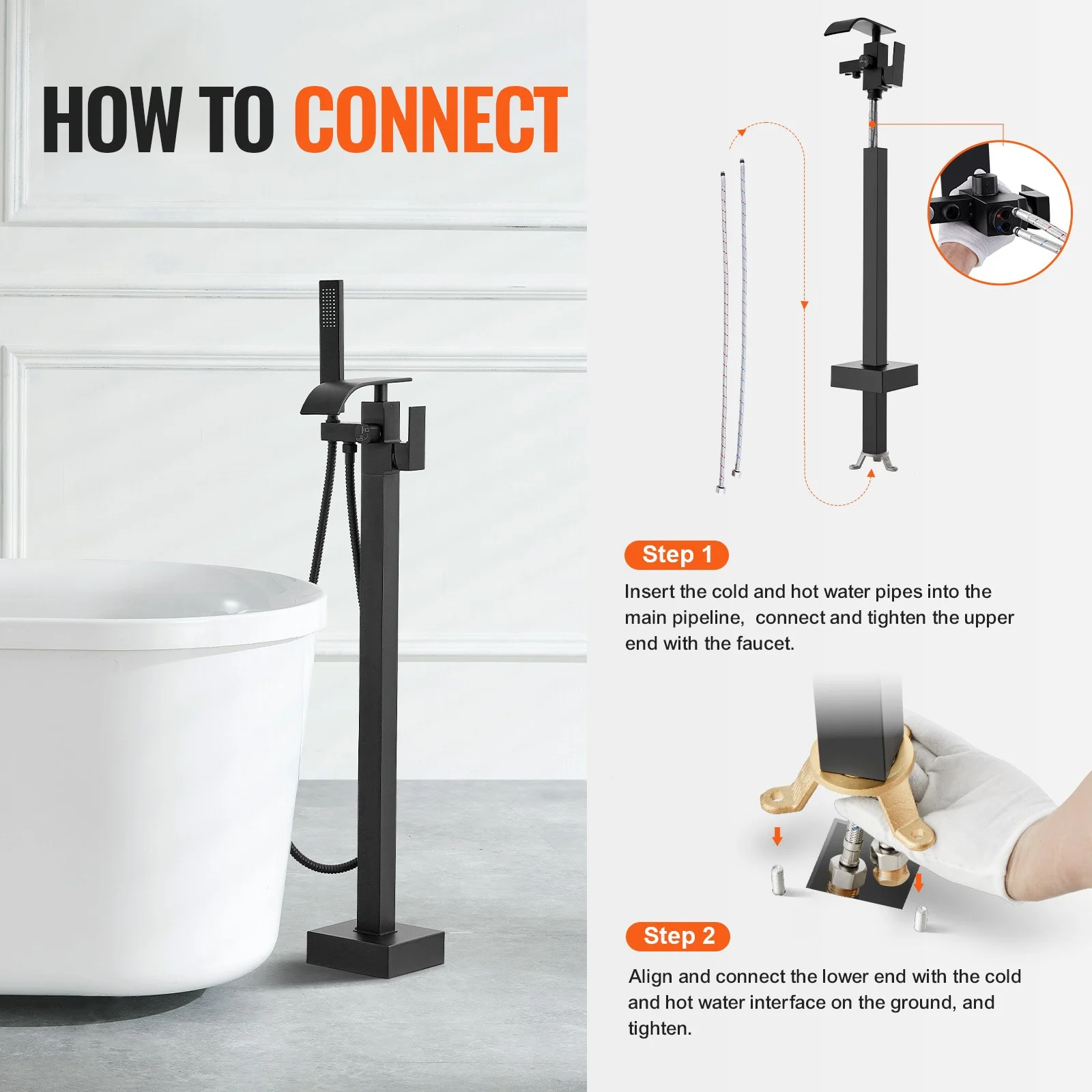 Freestanding Bathtub Faucet, Floor Mount, Freestanding Tub Filler, Shower Mixer Taps, Two Water Modes, 360° Swivel Spout, for Bathing & Showering Pet Bathing Cleaning Drains Toilet Flushing - Image 7