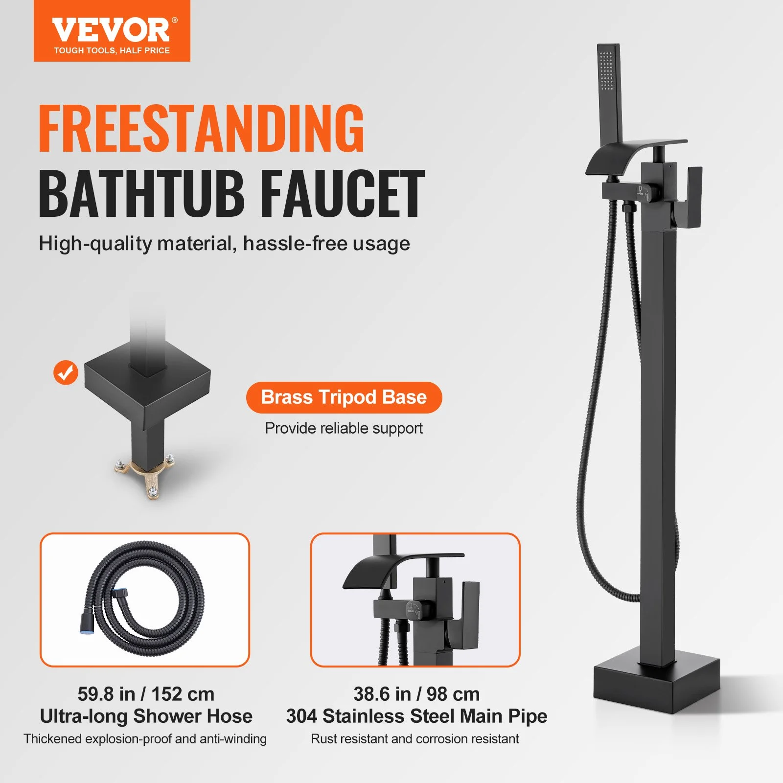 Freestanding Bathtub Faucet, Floor Mount, Freestanding Tub Filler, Shower Mixer Taps, Two Water Modes, 360° Swivel Spout, for Bathing & Showering Pet Bathing Cleaning Drains Toilet Flushing - Image 9
