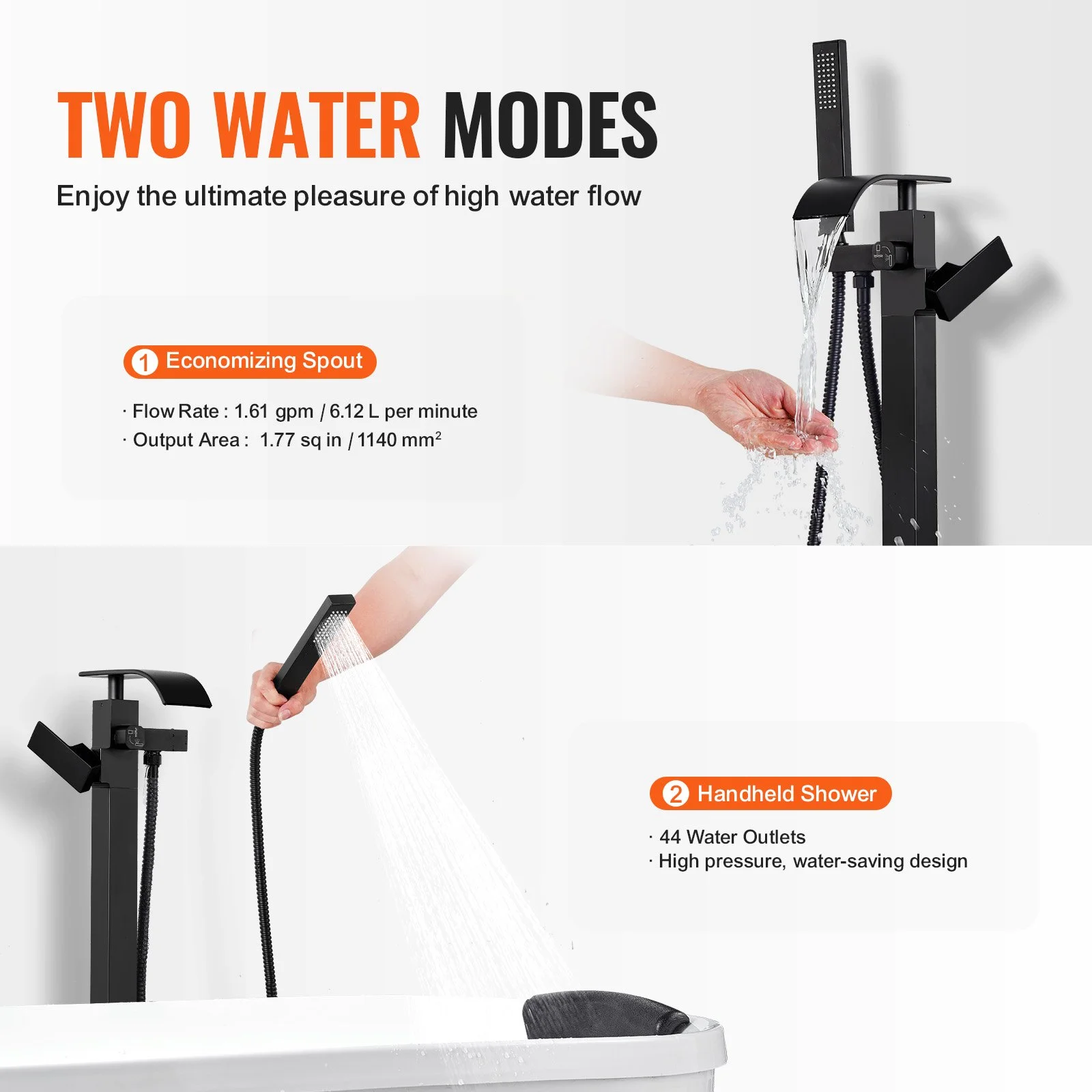 Freestanding Bathtub Faucet, Floor Mount, Freestanding Tub Filler, Shower Mixer Taps, Two Water Modes, 360° Swivel Spout, for Bathing & Showering Pet Bathing Cleaning Drains Toilet Flushing - Image 5