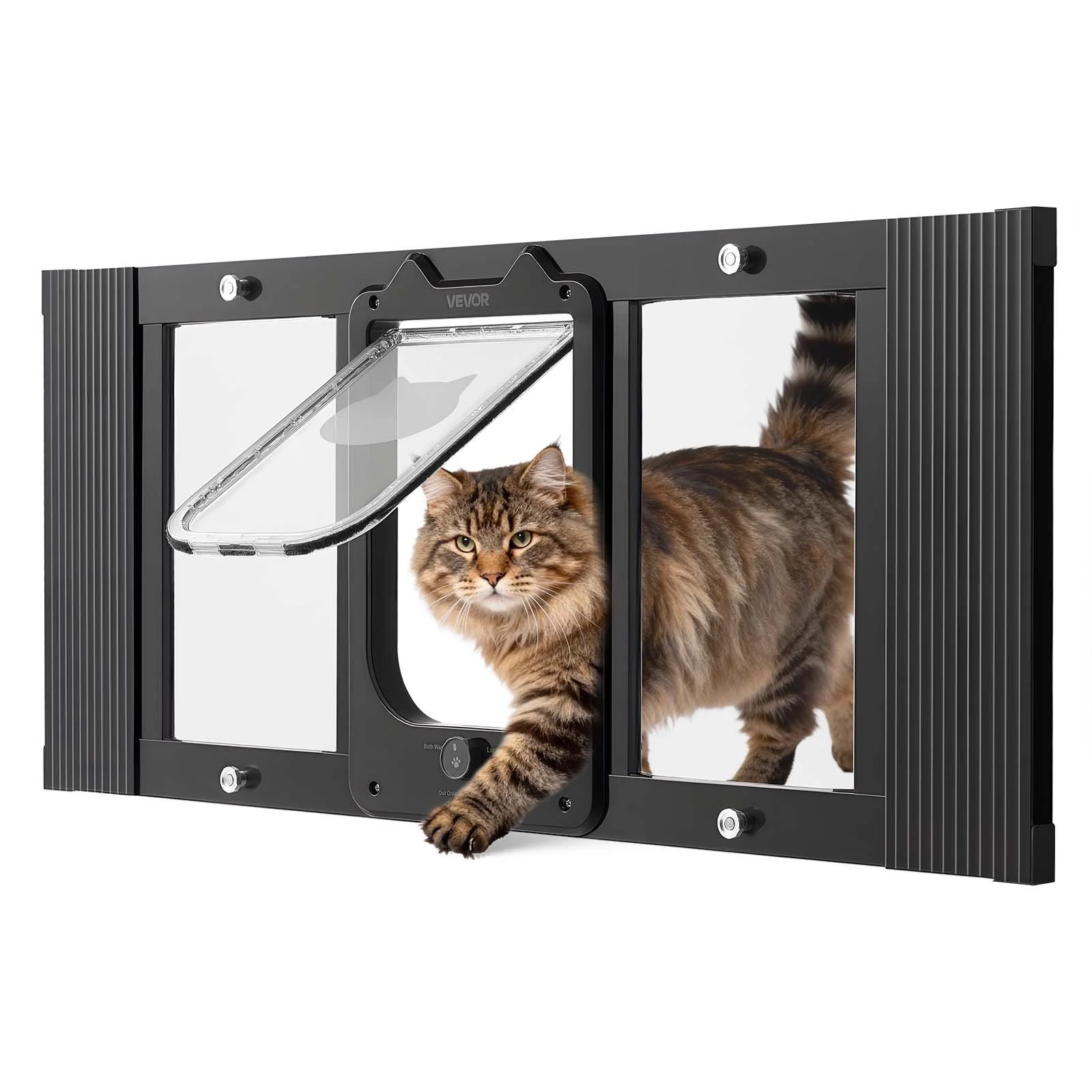 Cat Door for Window, Adjustable to Fit Window Width 31"-36", 4 Secure Lock Modes, Aluminum Frame and High-Transparency Glass, Magnetic Closure, Weatherproof Quick-Fit Pet Door for Cats, Black