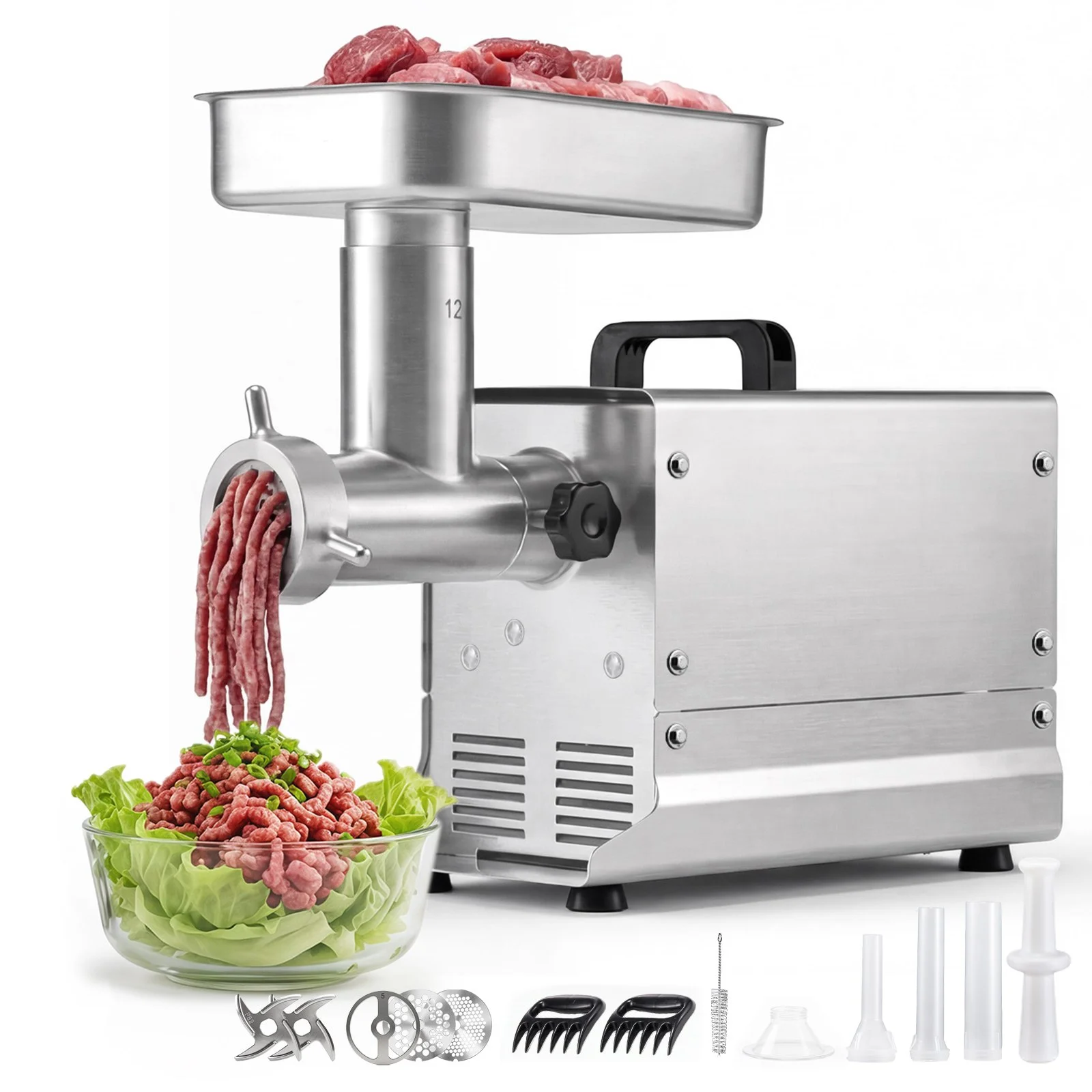 Commercial Meat Grinder, 11 Lbs/Min Capacity, #12 Electric Meat Mincer with 3 Plates, 3 Sausage Stuffing Tubes, 550W/0.7HP Stainless Steel Sausage Maker for Home Kitchen & Restaurant, ETL Listed