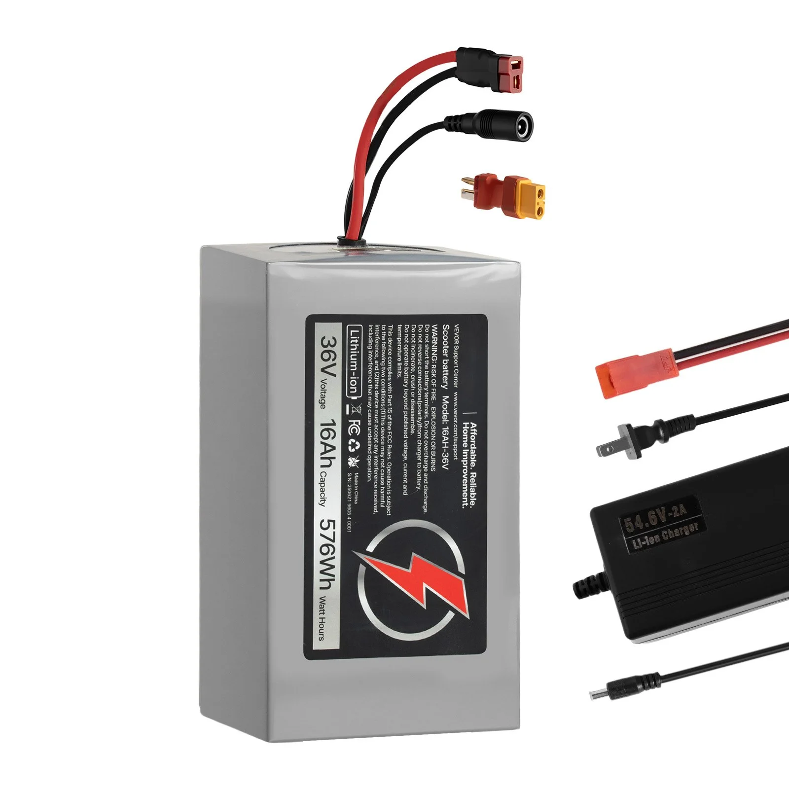 36V Electric Scooter Battery, 16Ah, Ebike Lithium Battery Pack with 30A BMS, Charger, T-Plug Expansion Cable, 500+ Cycles, Compatible with 2880W Motors, for Electric Bikes Bicycles, Scooters