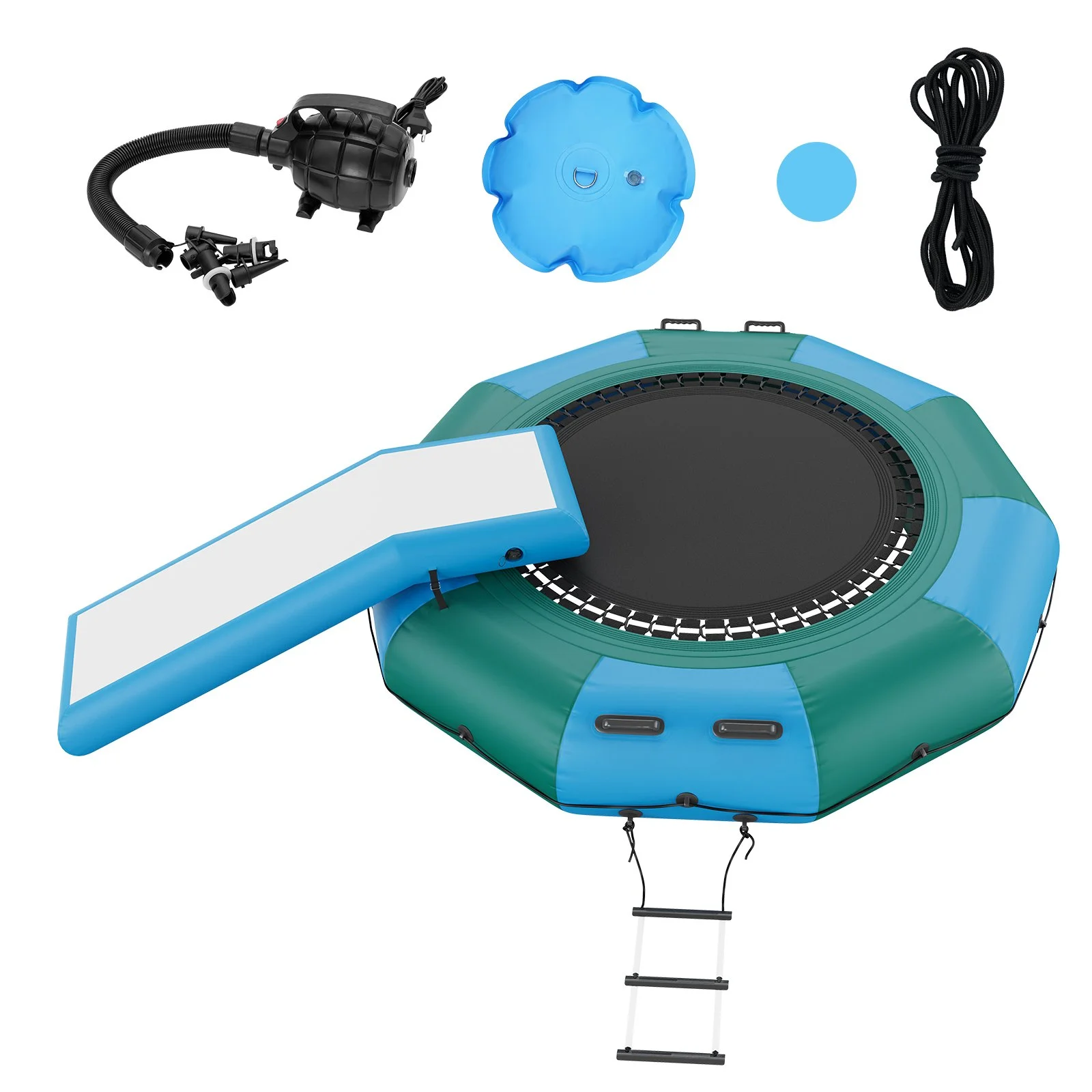 Inflatable Water Bouncer, 10ft Recreational Water Trampoline, Portable Bounce Swim Platform with Slide, 3-Step Ladder & Electric Air Pump, Kid Adult Floating Rebounder for Pool Lake Water Sports