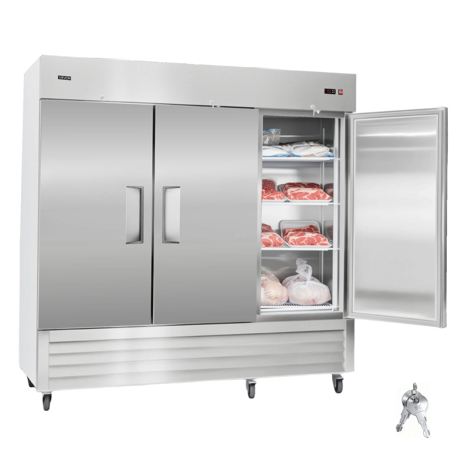 Commercial Freezer, 32.2 in Width Reach In Upright-Freezer Three Door, 66.9 Cu.ft Auto-Defrost Stainless Steel Freezer with 12 Adjustable Shelves, -11 to 14℉ Temp Control, LED Light, 4 Wheels