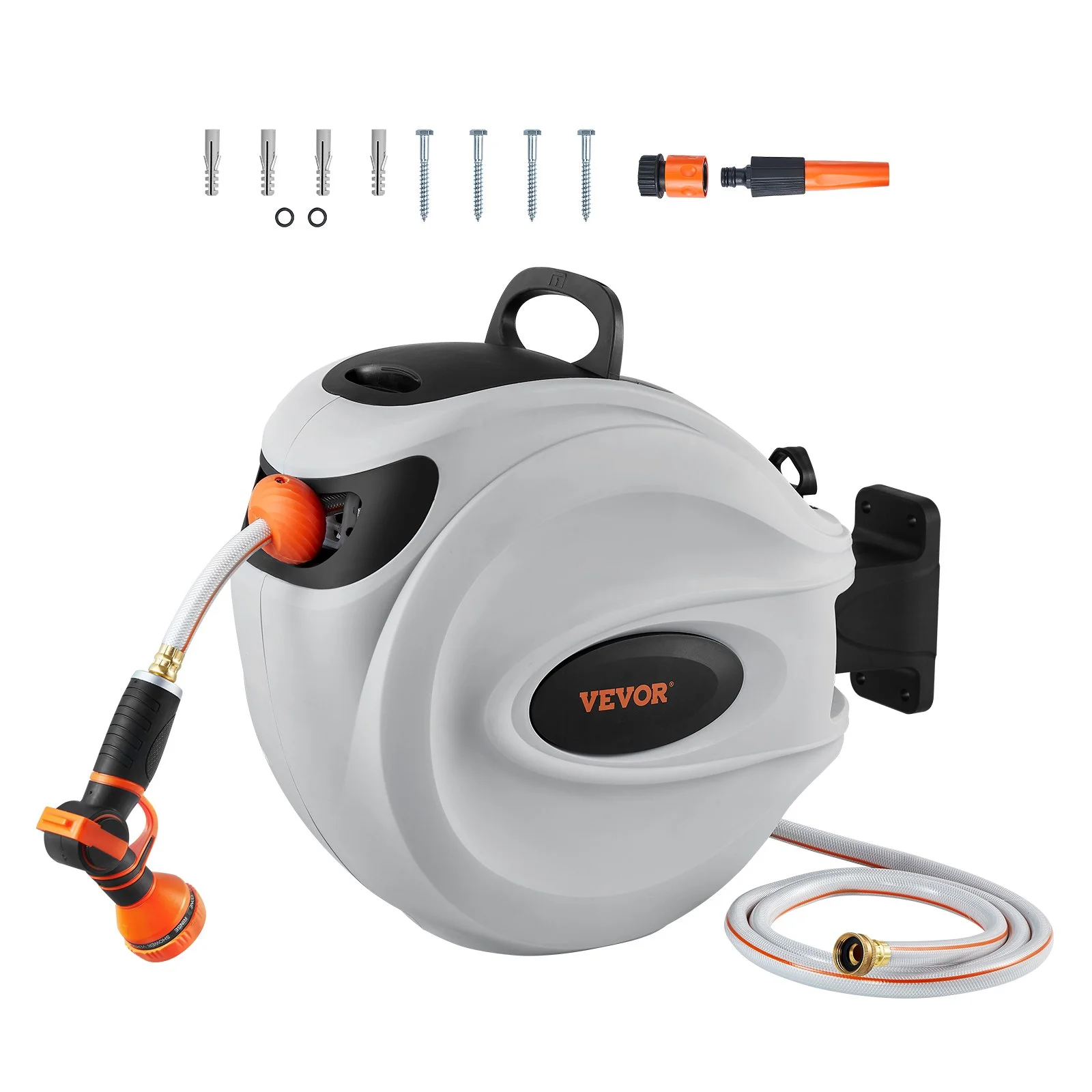 Retractable Hose Reel, 65 ft x 5/8 inch, 180° Swivel Bracket Wall-Mounted, Garden Water Hose Reel with 9-Pattern Nozzle, Automatic Rewind, Lock at Any Length, and Slow Return System