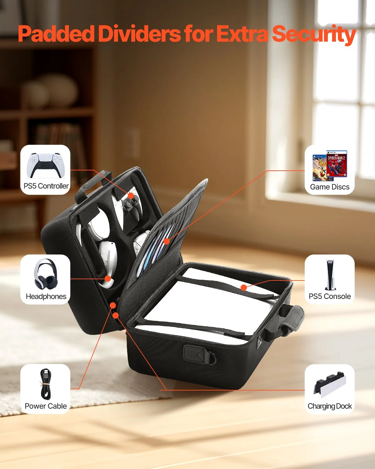 PS5 Carrying Case, Travel Bag for Playstation 5 Shockproof EVA, Soft Interior Lining & Padded Dividers for Extra Protection, Spacious Design with Carry Handle for Storage, Home & Party - Image 11