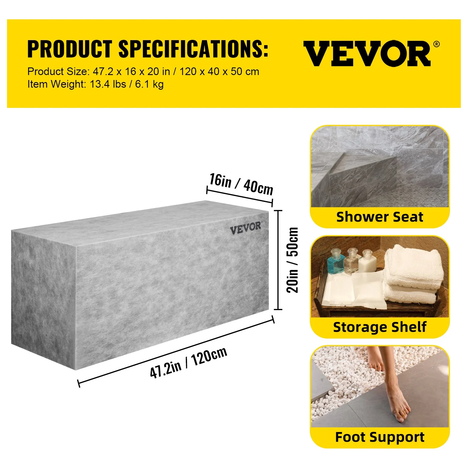 Board Shower Bench Rectangle Bench Ready to Tile & Waterproof 47.2x16x20" - Image 3