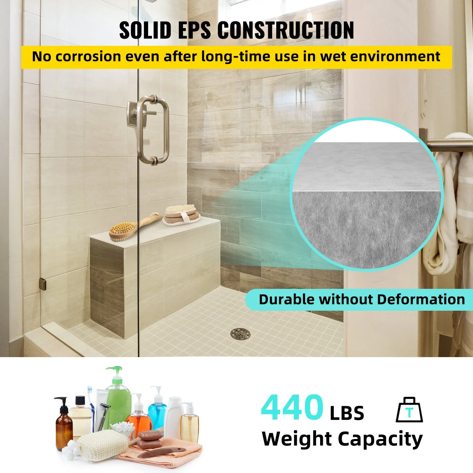 Board Shower Bench Rectangle Bench Ready to Tile & Waterproof 47.2x16x20" - Image 10