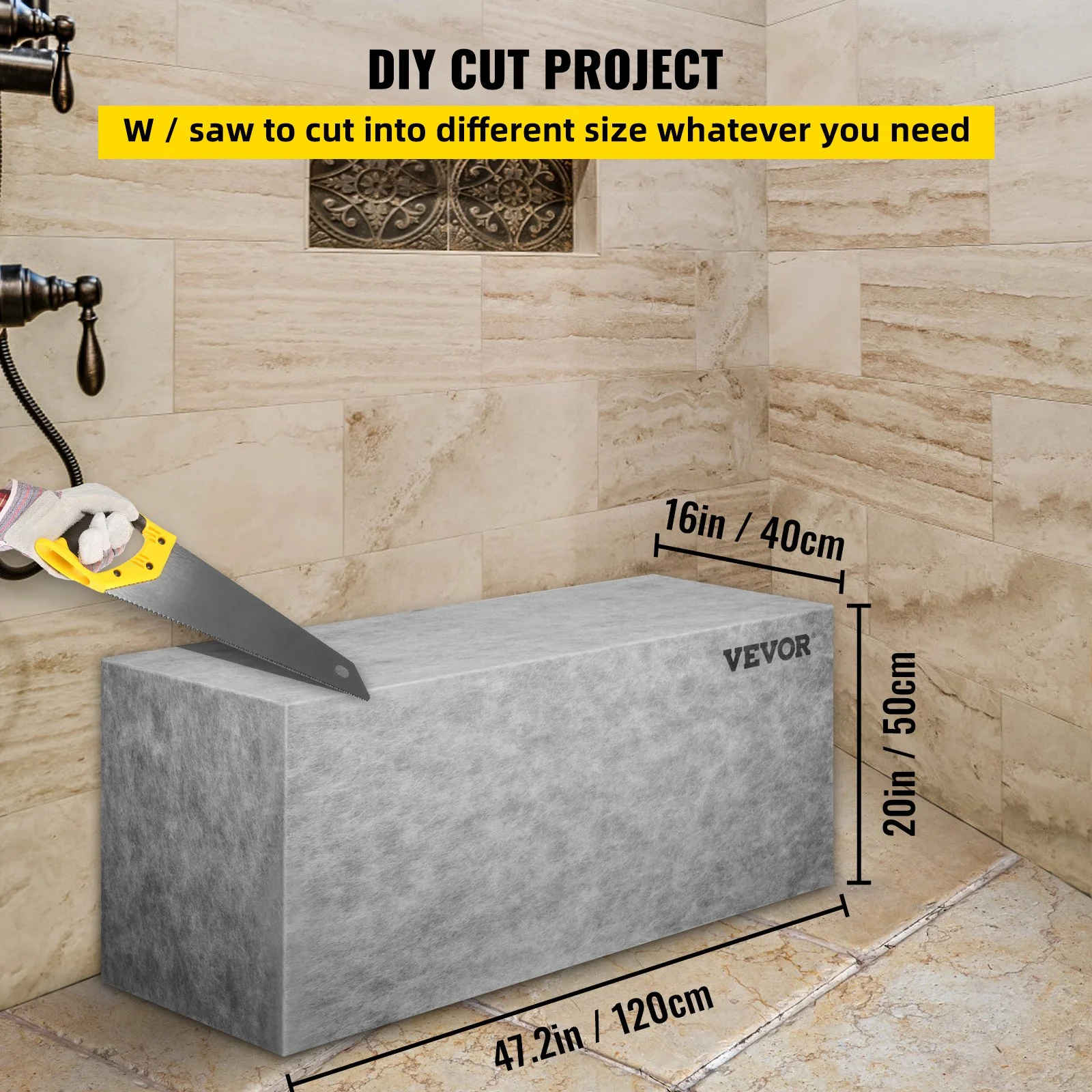 Board Shower Bench Rectangle Bench Ready to Tile & Waterproof 47.2x16x20" - Image 11