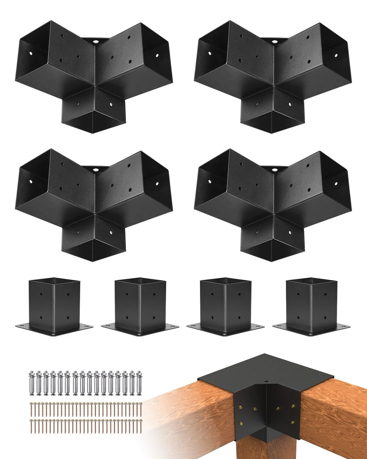Pergola Bracket Kit 4''x4''(Inner Size 3.6x3.6), 8pcs 3-Way Heavy Duty Corner Bracket Woodworks DIY Post Base Kit, Easy Installation Wooden Beams for Gazebos, Patio Pergolas, Log Cabin Outdoor