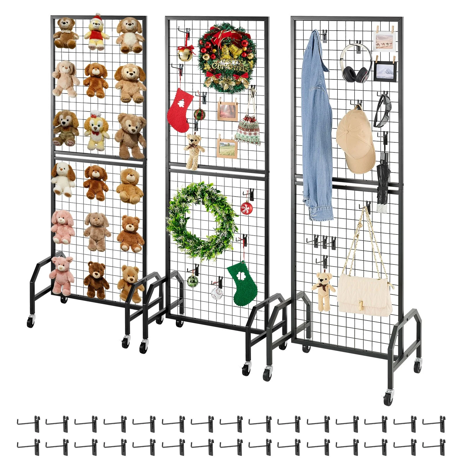 3 Packs Grid Wall Panels, 1.9 x 5.4 ft Wire Grid Panels Display Rack, Movable Art Display Shelf with Wheels and 30 Hooks, Black Carbon Steel Gridwall for Craft Show, Decor, Storage, Notice Board