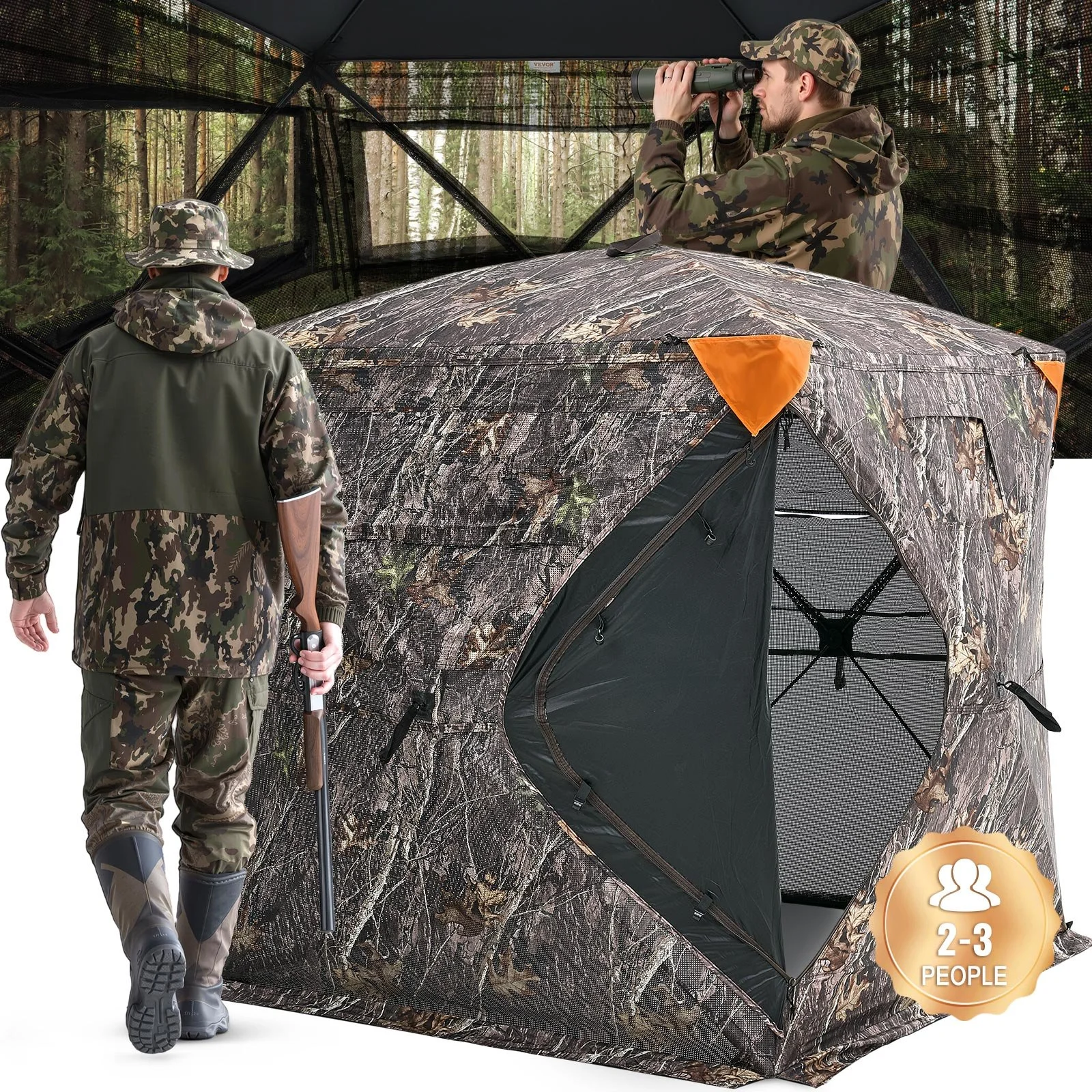 Hunting Blind, 270° See Through Ground Blind, 2-3 Person Pop Up Deer Blind for Hunting with Carrying Bag, Portable Resilient Hunting Tent, One-Way See-Through Mesh for Turkey and Deer Hunting