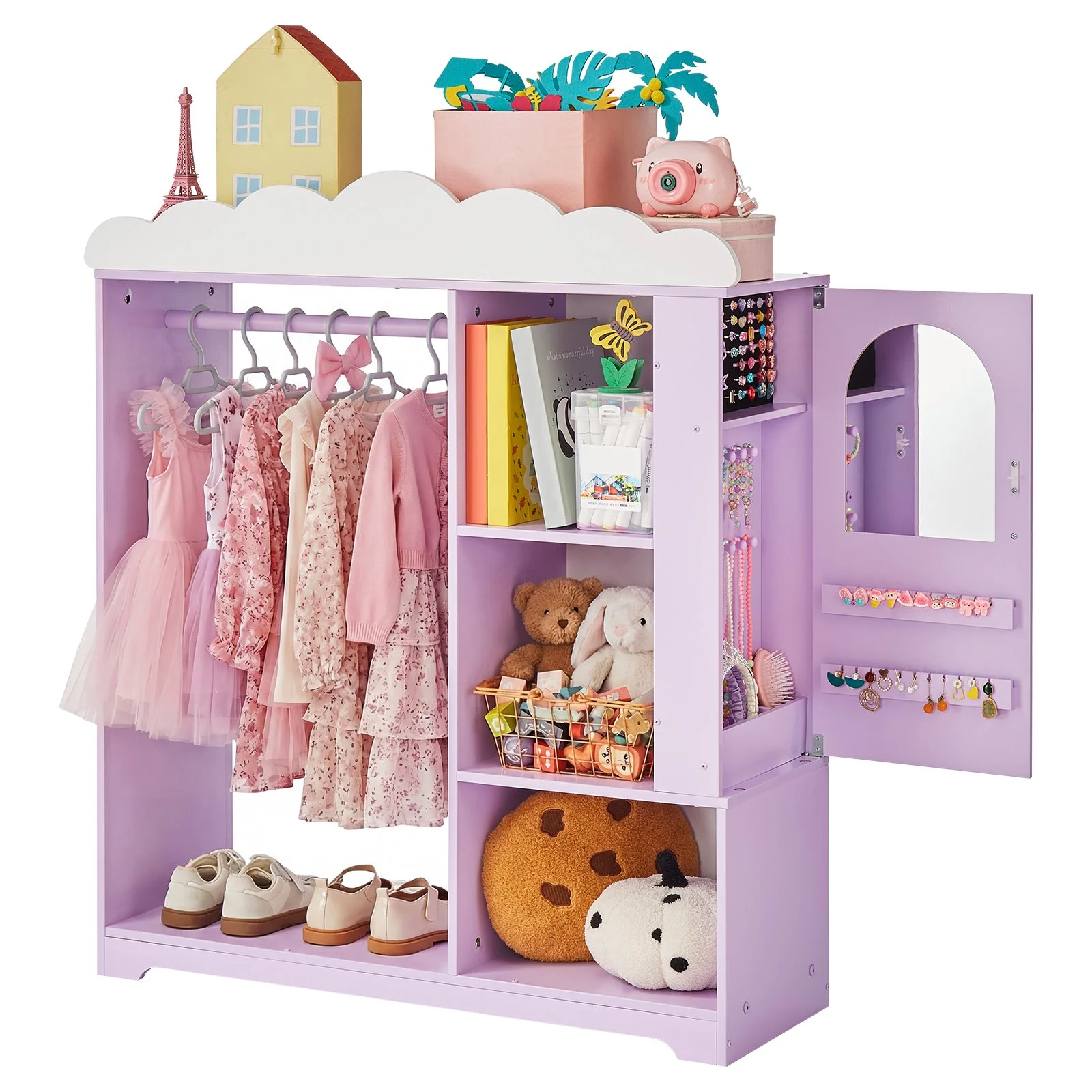 Kids Dress Up Storage, with Jewelry Cabinet, Dress Up Closet with Mirror and Shelves, Princess Costumes Wardrobe Closet, Toddler Costume Organizer Armoire, for Bedroom, Kids Room, Girls, Purple