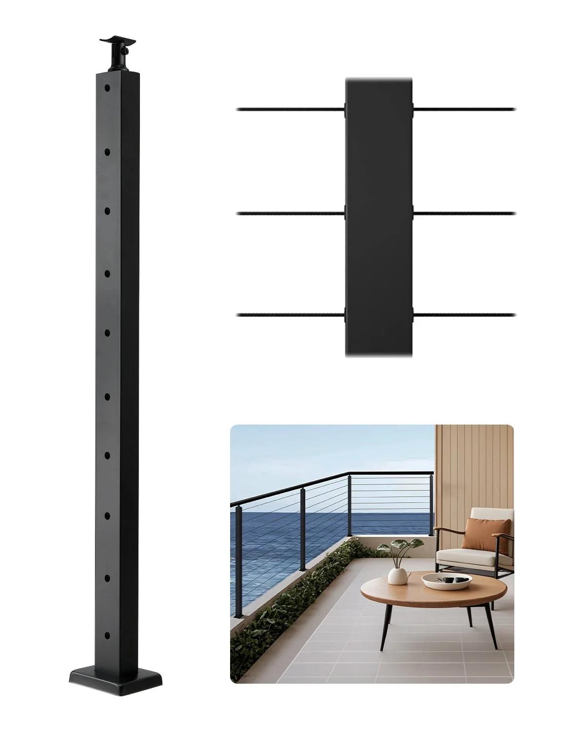 Cable Railing Post, 36x1x2 Inch Level Deck Stair Posts, 1-Pack Stainless Steel Cable Handrail Post, Pre-Drilled Pickets with Mounting Bracket Stair Railing Kit, Black, 1JZLGZXHS914LZA6X001V0
