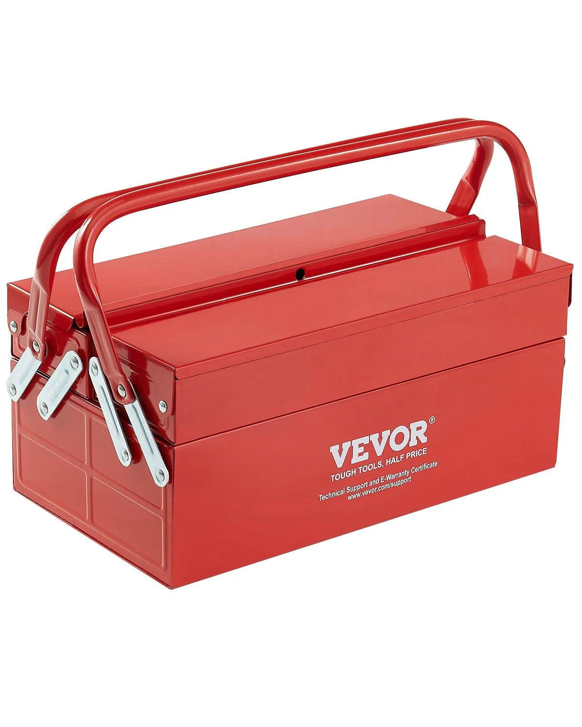 Metal Tool Box, 14-inch, 2-Tier 3-Tray Portable Folding Tool Chest Organizer with Handle & Lock Hole, Powder Coated Steel, Cantilever Toolbox for Household Factory Warehouse Repair Shop, Red