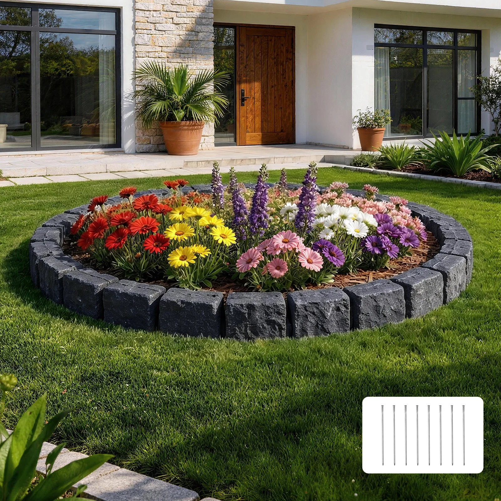 Faux Stone Landscape Edging, 15.5 ft Kit, No Dig Garden Edging Border, Blocks for Lawn, Flower Beds, Yards, 4 Pack Each Section Has 6 Bricks 46.85"L x 3.94"W x 6.1"H, 8 Spikes, Charcoal Black