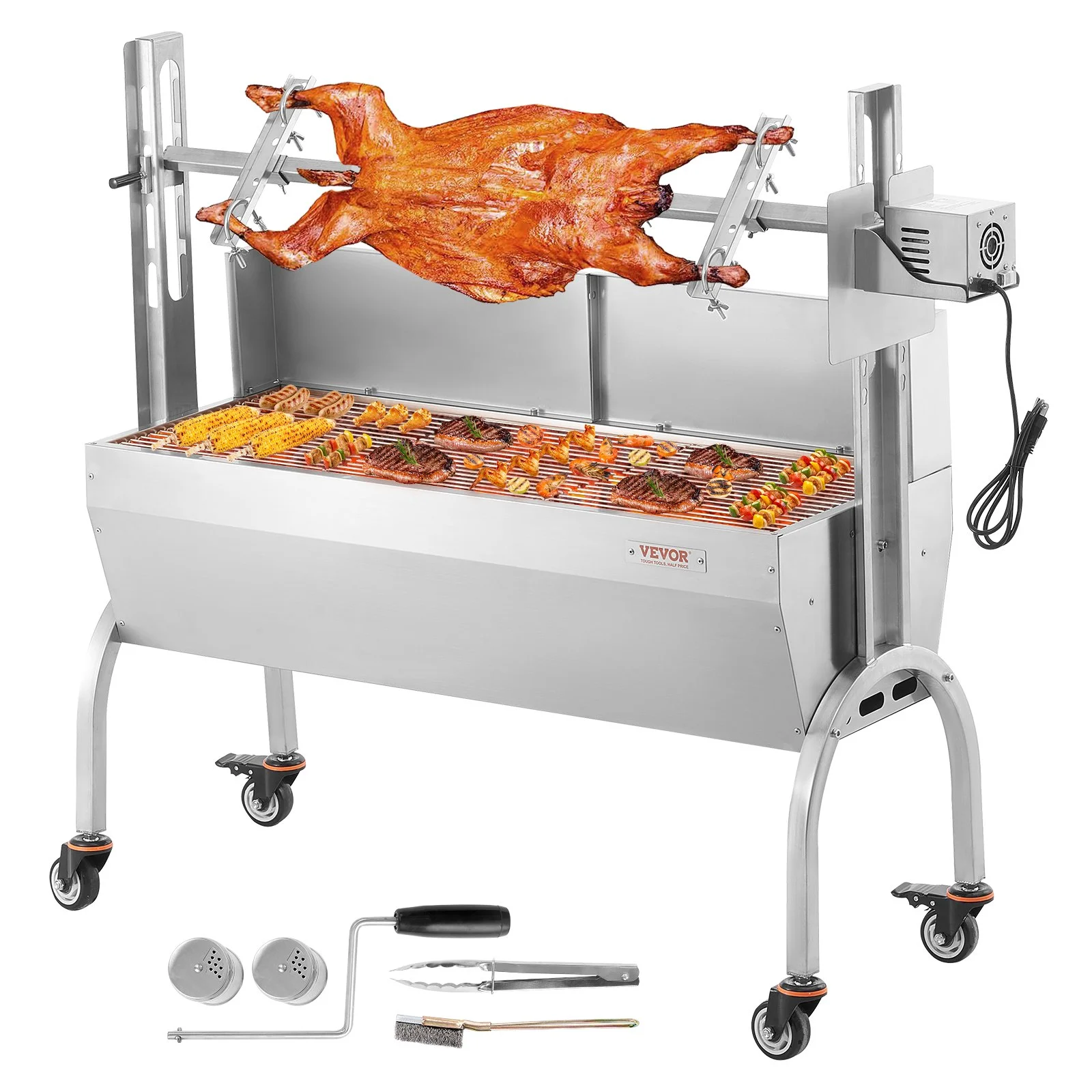 Rotisserie Grill with Windscreen, BBQ Whole Pig Lamb Goat Charcoal Spit Grill, 46 Inch 132 Lbs Capacity, Electric 52W Motor Stainless Steel Roaster with Lockable Wheels, for Camping Outdoor