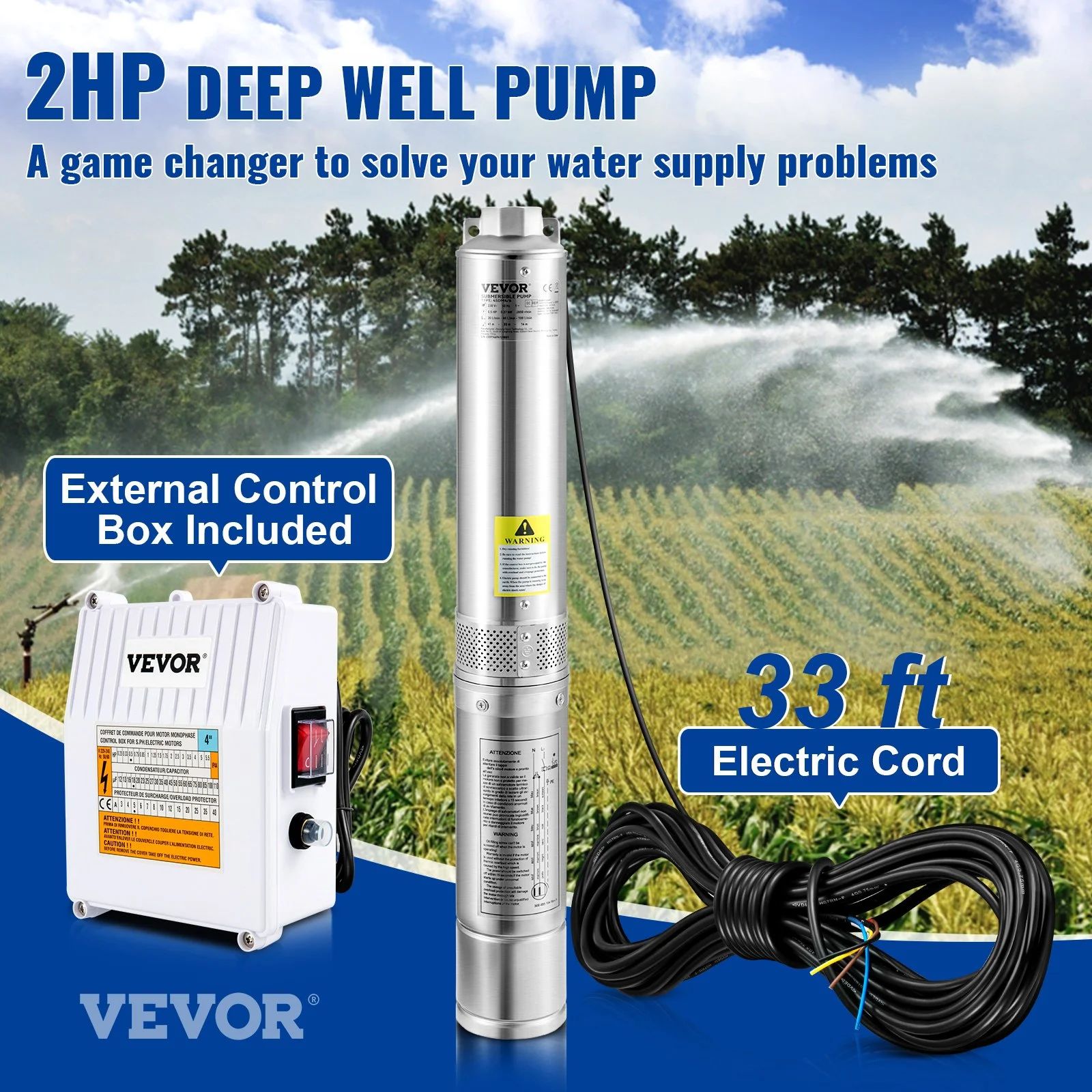 Deep Well Submersible Pump, 2HP 230V/60Hz, 37GPM 427 ft Head, with 33 ft Cord & External Control Box, 4 inch Stainless Steel Water Pumps for Industrial, Irrigation and Home Use, IP68 Waterproof - Image 10