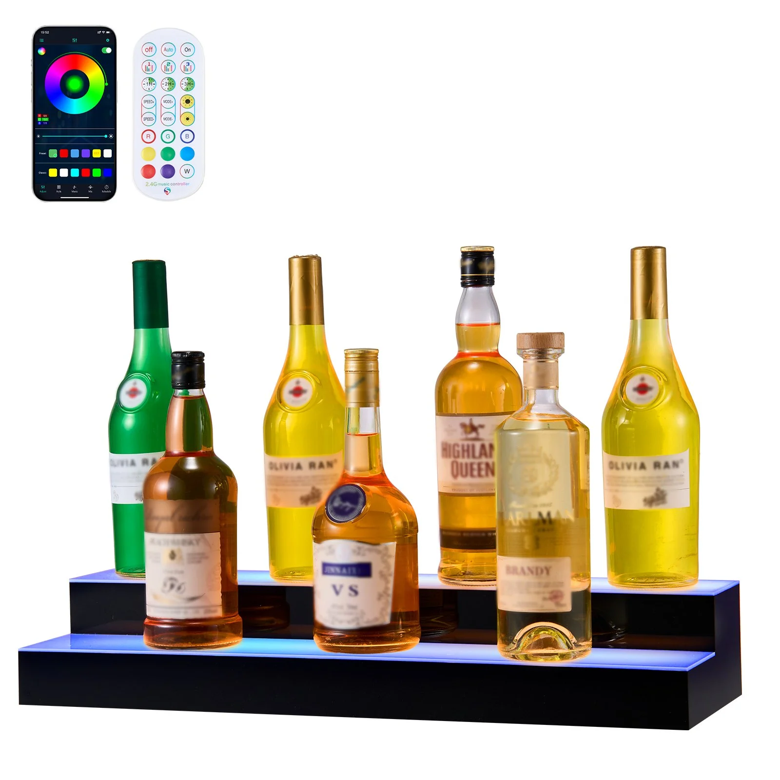 LED Lighted Liquor Bottle Display, 2 Tiers 24 inches, Supports USB, Acrylic Illuminated Home Bar Shelf Display with RF Remote & App Control, 9 Static Colors, Timing Mode, for 12-16 Bottles