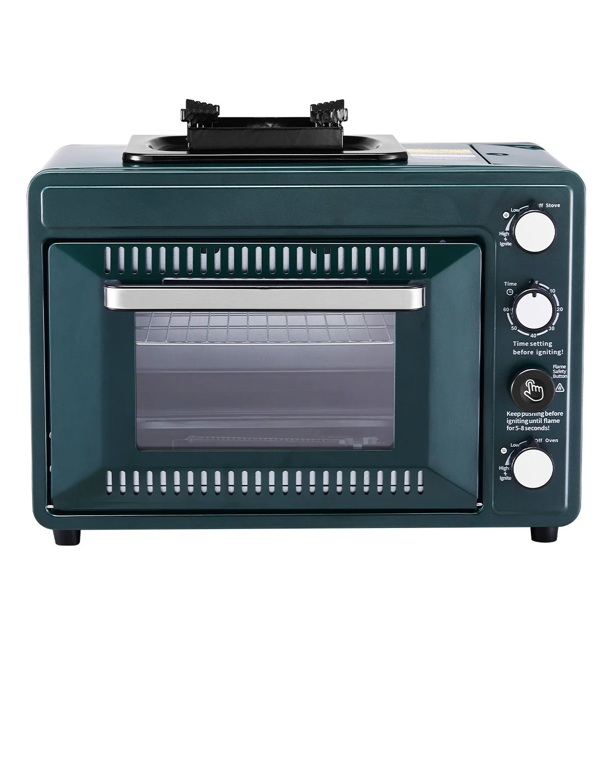Outdoor Oven, 2-in-1 Portable Gas Camping Stove Oven Combo, Adjustable Fire, 60-Minute Timer, Windproof, with Grill Shelf and Roasting Tray, for Camping Gear Backyard Picnic Outdoor Cooking