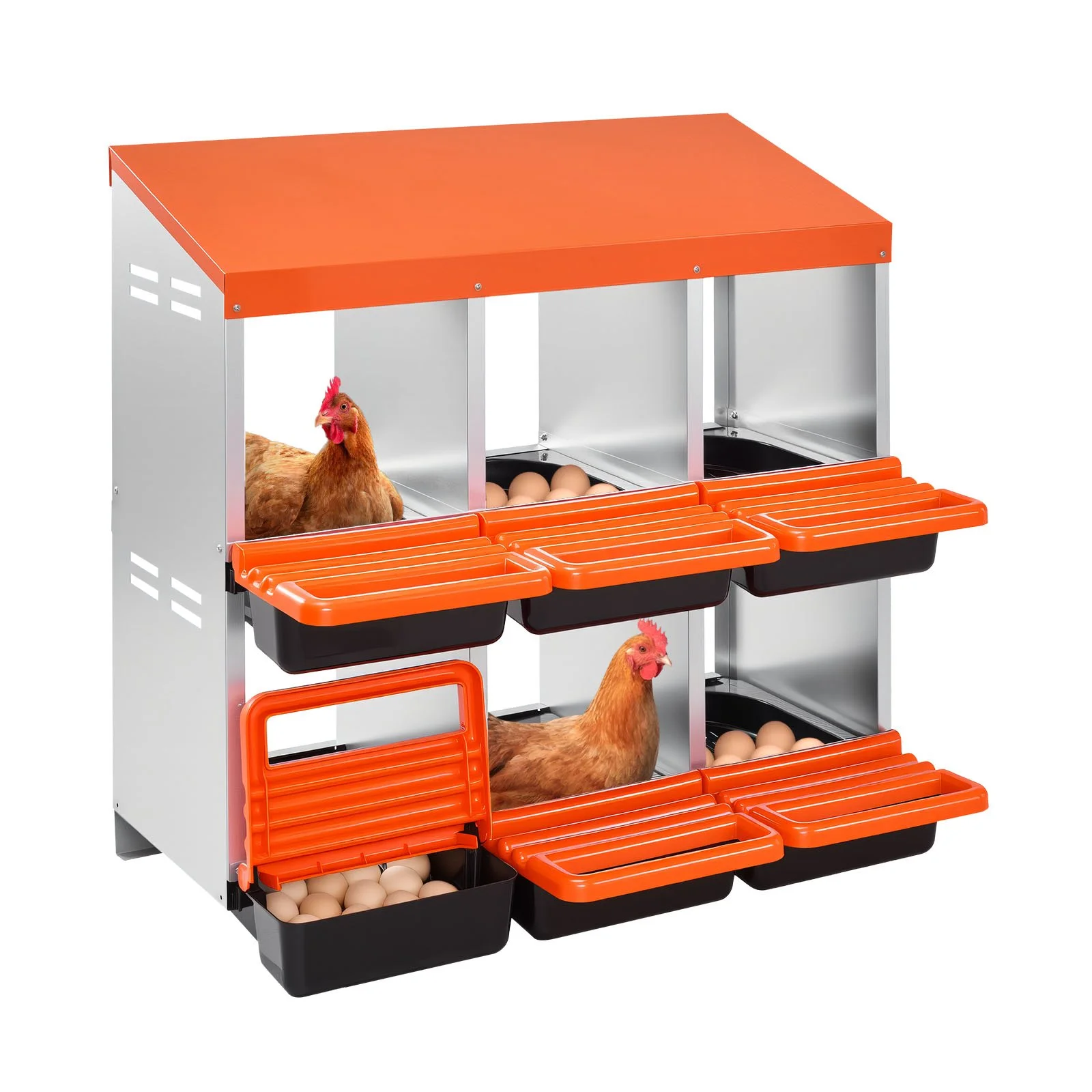 2 Tiers Chicken Nesting Boxes, 6 Compartments, Metal Egg Laying Boxes with Protective Collection Lids, Roll Out Nesting Box, Easy to Assemble, Ideal for Hens, Ducks, Chickens, and Other Poultry