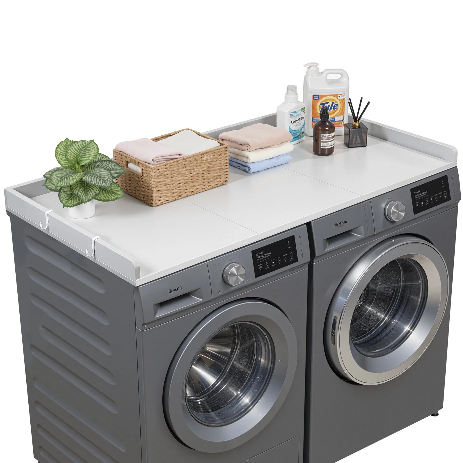 Washer Dryer Countertop, 54 x 27.5 in Wooden Washer and Dryer Topper with Edge & 2 Hooks, Water-Resistant Laundry Machine Topper for Laundry Closet Pantry Counter Organization and Storage, Gray