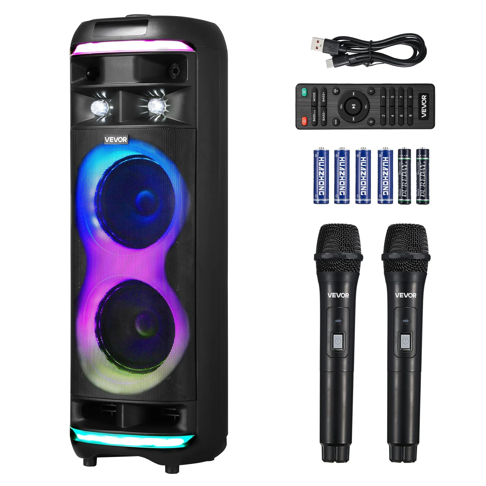 Karaoke Machine for Adults, 80W, 8-inch Portable Bluetooth Speaker with 2 Wireless Microphones, LED Light, TWS Function, Rolling Wheels, Supports Micro TF Card, USB, AUX, for Home Karaoke Party