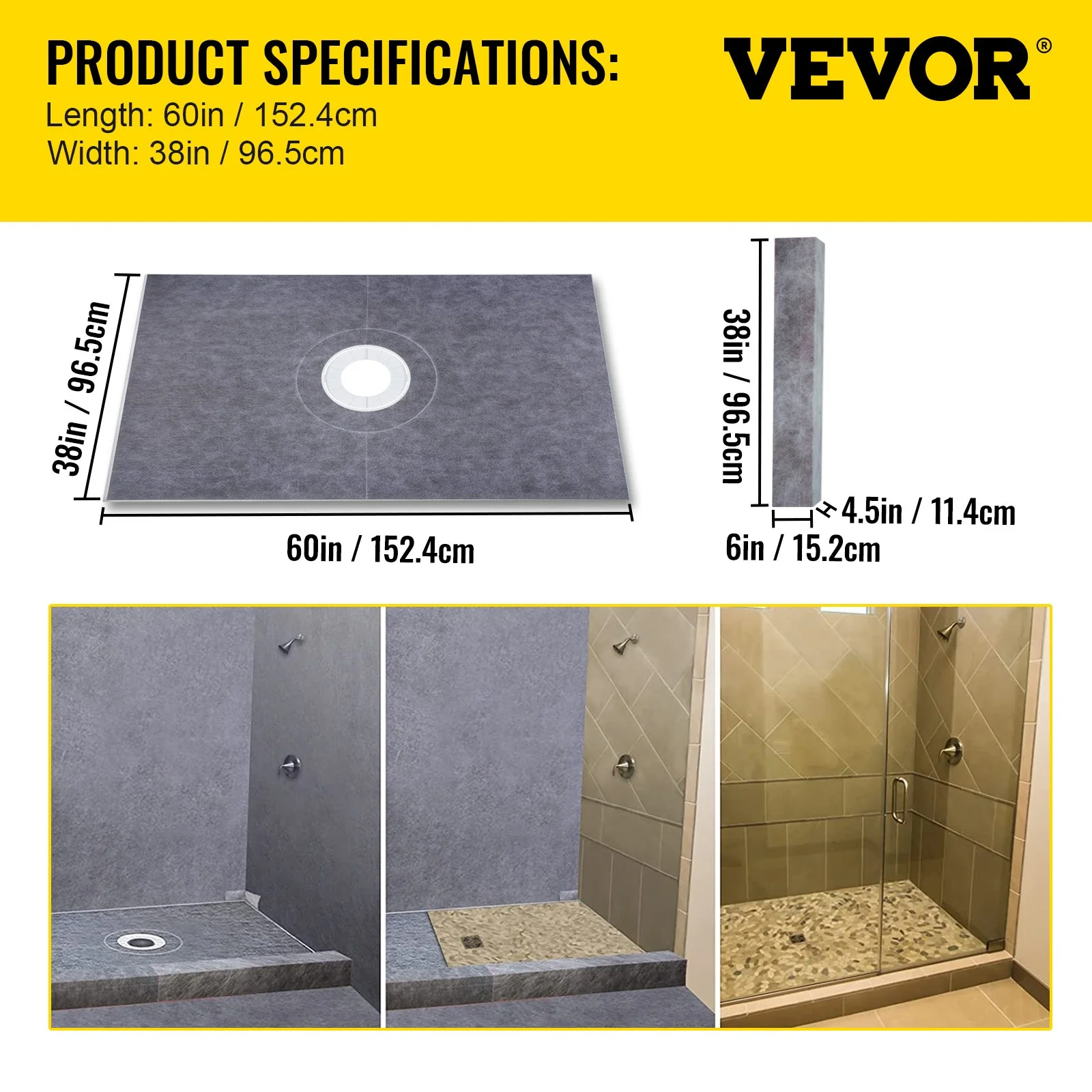 Shower Curb Kit, 38"x60" Watertight Shower Curb Overlay with 4" PVC Central Bonding Flange, 4" Stainless Steel Grate, 2 Cuttable Shower Curb and Trowel, Shower Pan Slope Sticks Fit for Bathr - Image 4