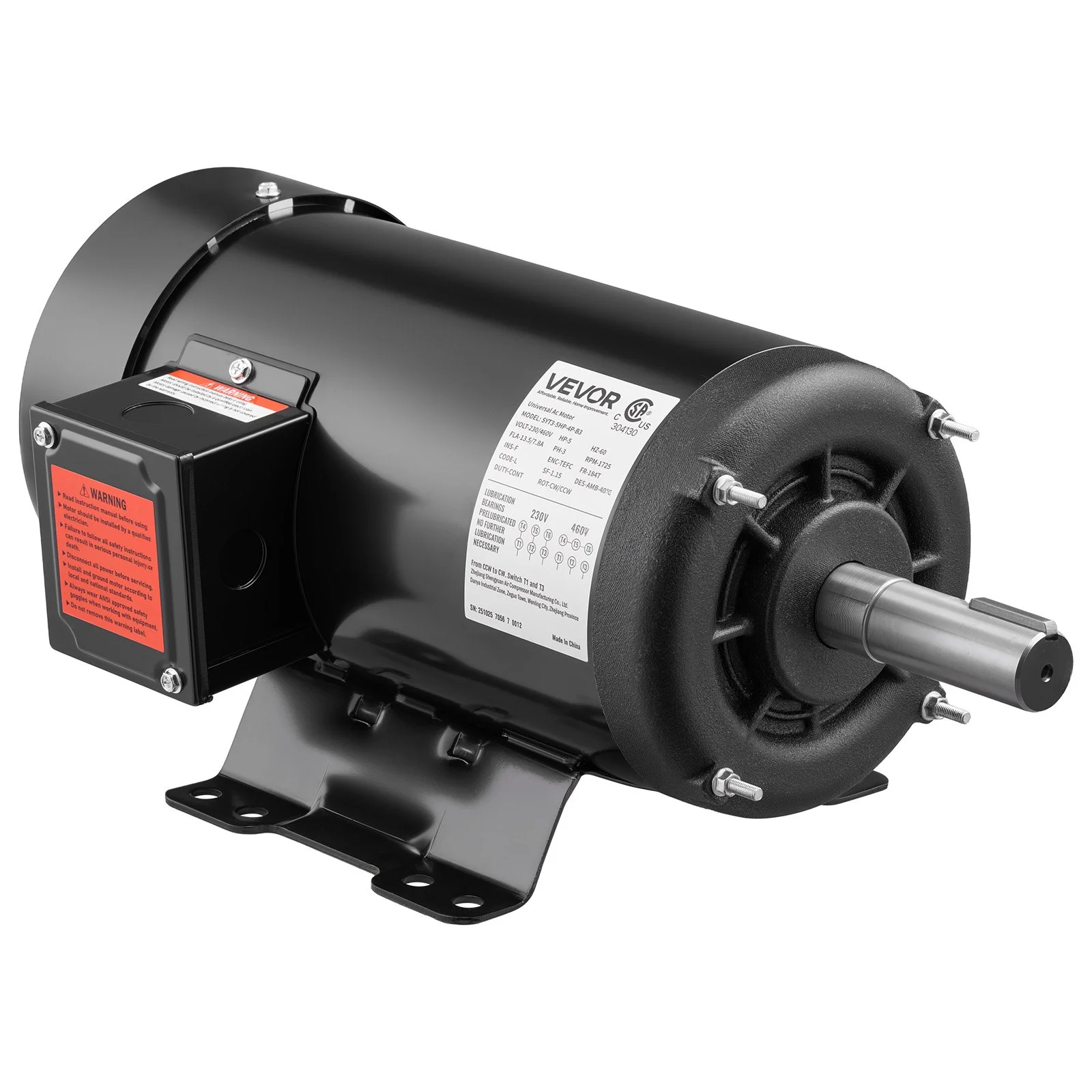 5 HP Electric Motor, 1725RPM Air Compressor Motor, CW/CCW Rotation, 1.125 inch Shaft Diameter, 2.75inch Shaft Length, 20.7N.m Torque, Three-Phase, TEFC Cooling, 230V/460V, 184T Frame
