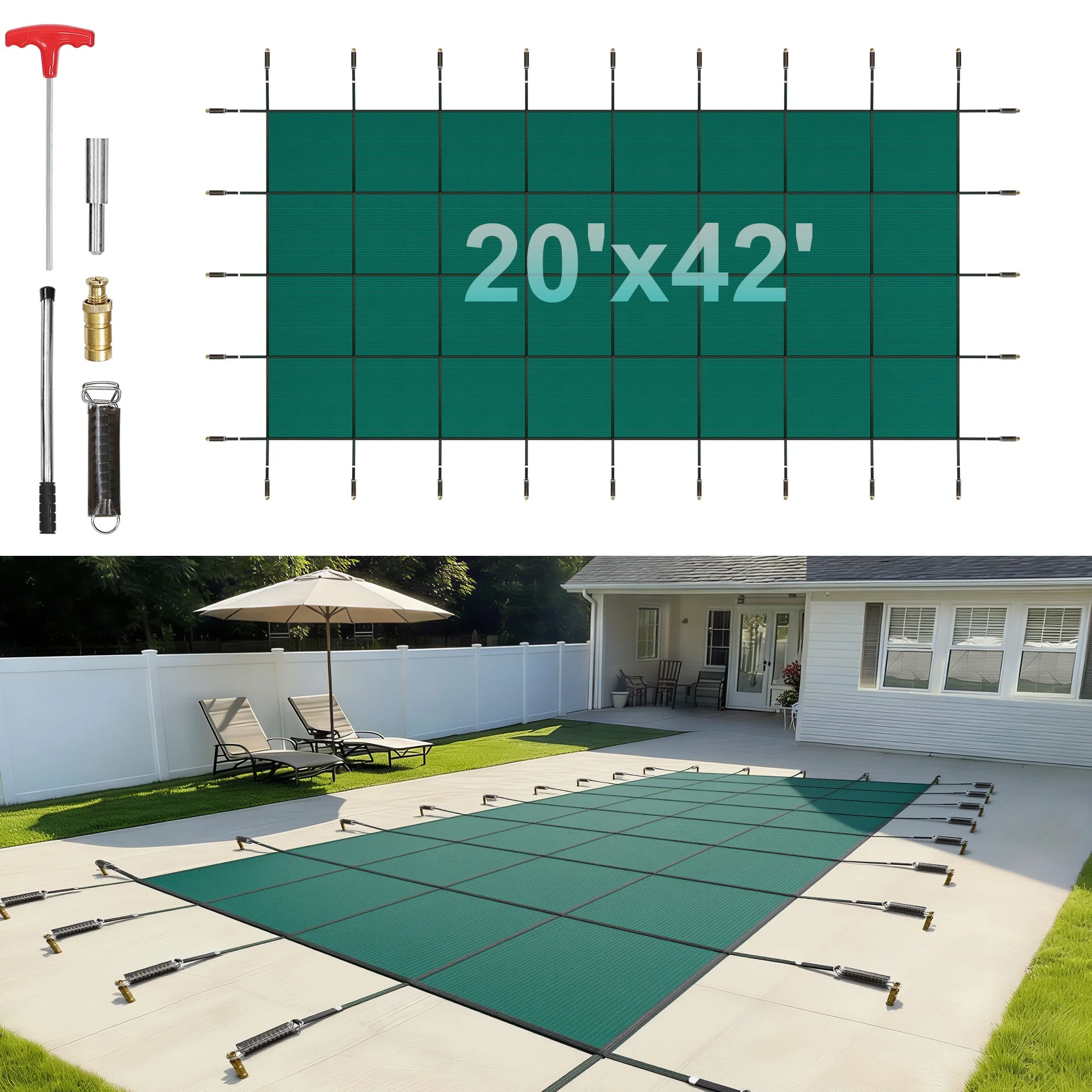 Inground Pool Safety Cover, 20 ft x 42 ft Rectangular Winter Pool Cover, Triple Stitched, High Strength Mesh PP Material with Good Rain Permeability, Installation Hardware Included, Green