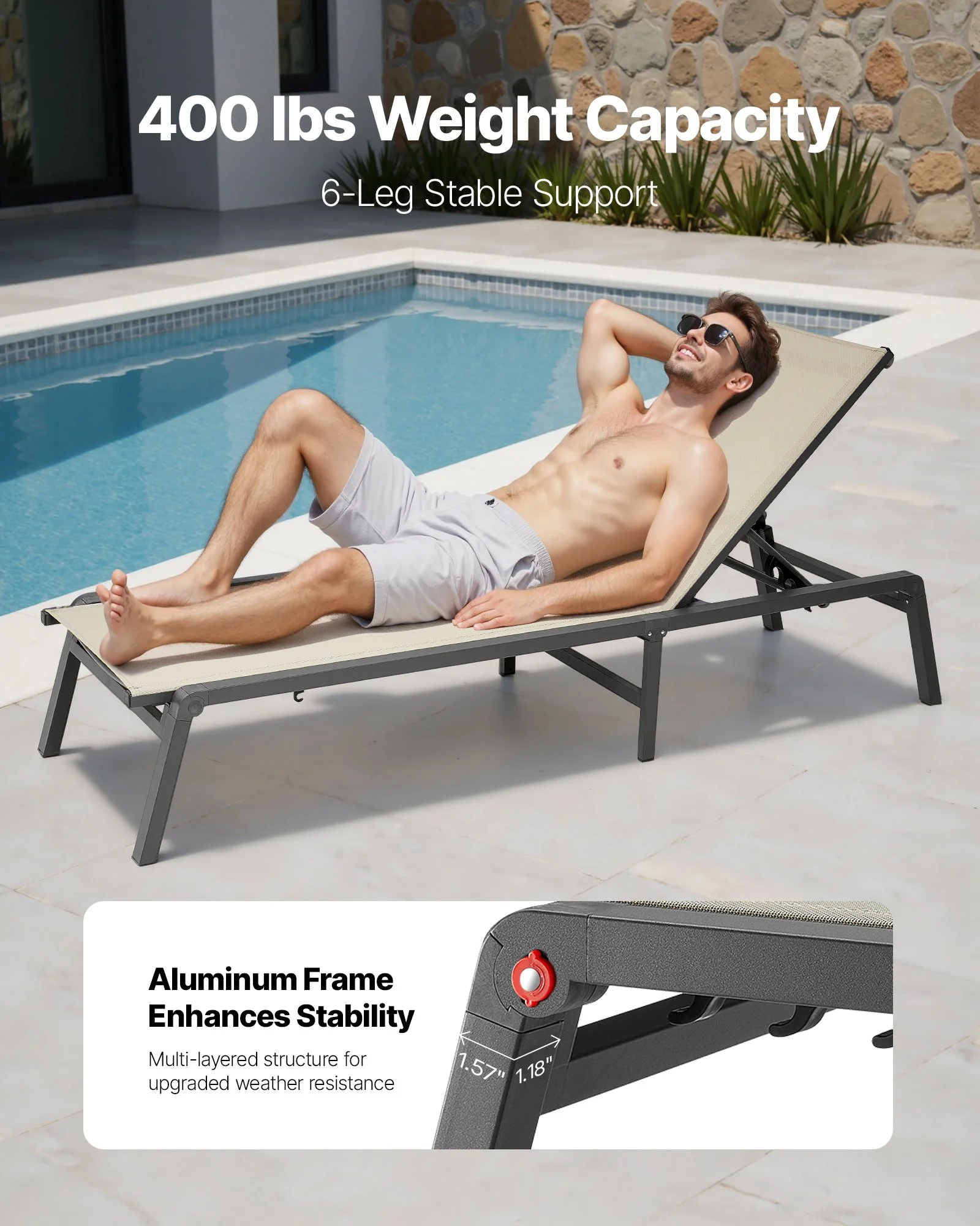 Outdoor Chaise Lounge Chair Set of 2, 400 lbs Weight Capacity, Foldable Sun Tanning Chair, 5 Adjustable Positions, Easy Assembly, Aluminum Pool Recliner Lounge Chairs, for Beach Yard Patio - Image 10