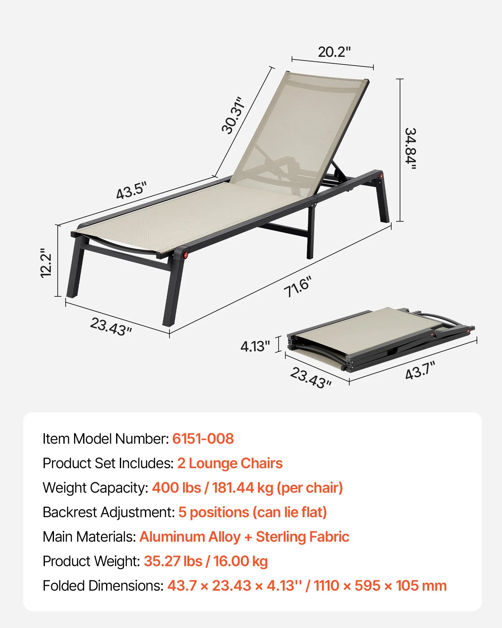 Outdoor Chaise Lounge Chair Set of 2, 400 lbs Weight Capacity, Foldable Sun Tanning Chair, 5 Adjustable Positions, Easy Assembly, Aluminum Pool Recliner Lounge Chairs, for Beach Yard Patio - Image 7