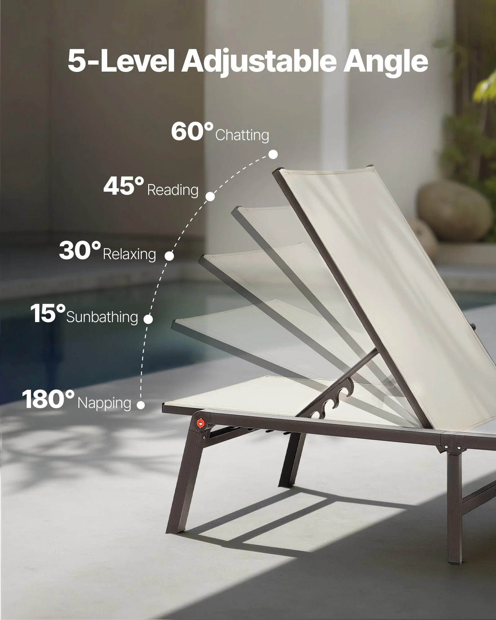 Outdoor Chaise Lounge Chair Set of 2, 400 lbs Weight Capacity, Foldable Sun Tanning Chair, 5 Adjustable Positions, Easy Assembly, Aluminum Pool Recliner Lounge Chairs, for Beach Yard Patio - Image 5