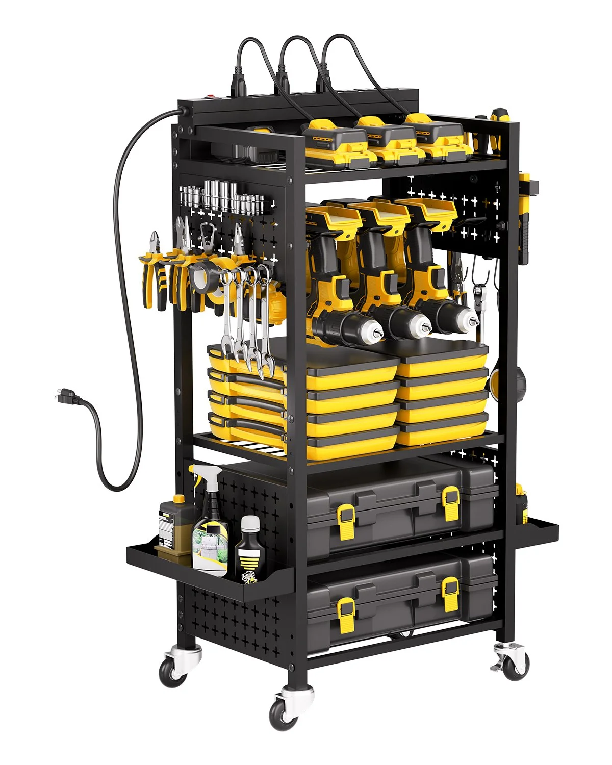 5-tier Tool Organizer Cart with Charging Station, 8 AC Outlet, Floor Stand Rolling Drill Holder and Tool Battery Storage Rack on Wheels, Garage Floor Rolling Storage Cart for Workshop, Garage