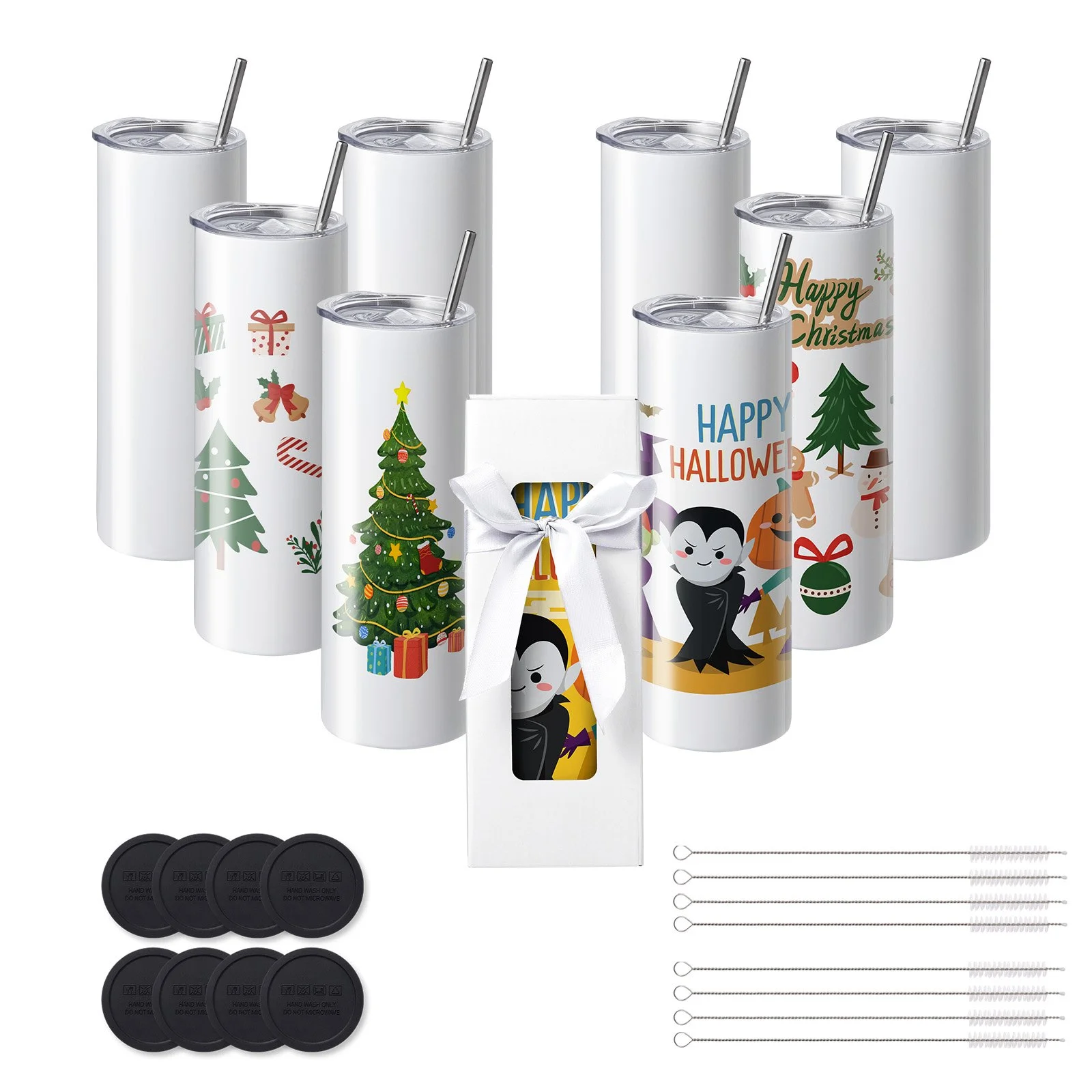 8 Pack Sublimation Tumblers 20 Oz Skinny Straight, Stainless Steel Sublimation Tumblers Blank, Stainless Steel Double Wall Tumbler for Heat Transfer Customized Gifts with Lid and Straw, Gift Box