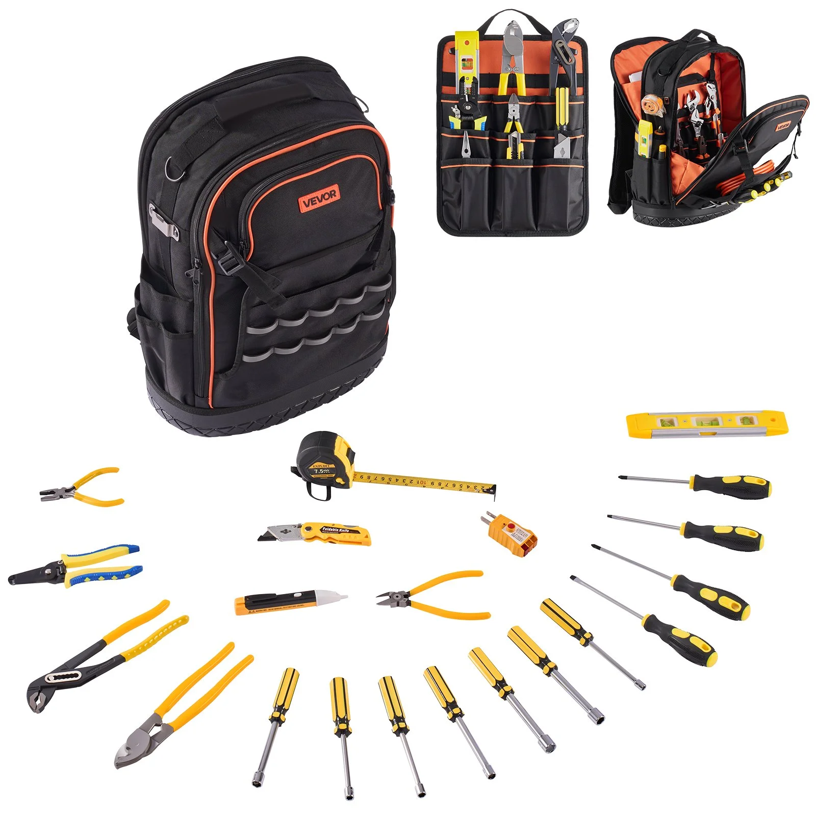 Tool Backpack with Tools, 65 Pockets, Heavy-duty Tools Storage Organizer Bags with Laptop Compartment & Molded Base, Electrician Jobsite Backpack for Electrician, Repairman, and HVAC Techs