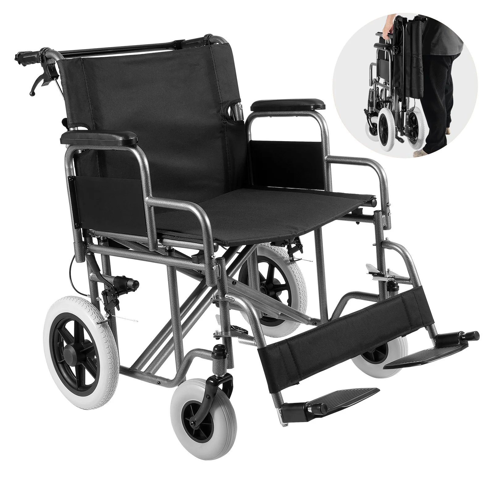 Wheelchair, Carbon Steel Transport Chair for Adults, Foldable Wheelchair with Detachable Armrest, Self-locking Brake, 24-Inch Wide Seat, 300lbs Weight Capacity, for the Disabled Move Freely