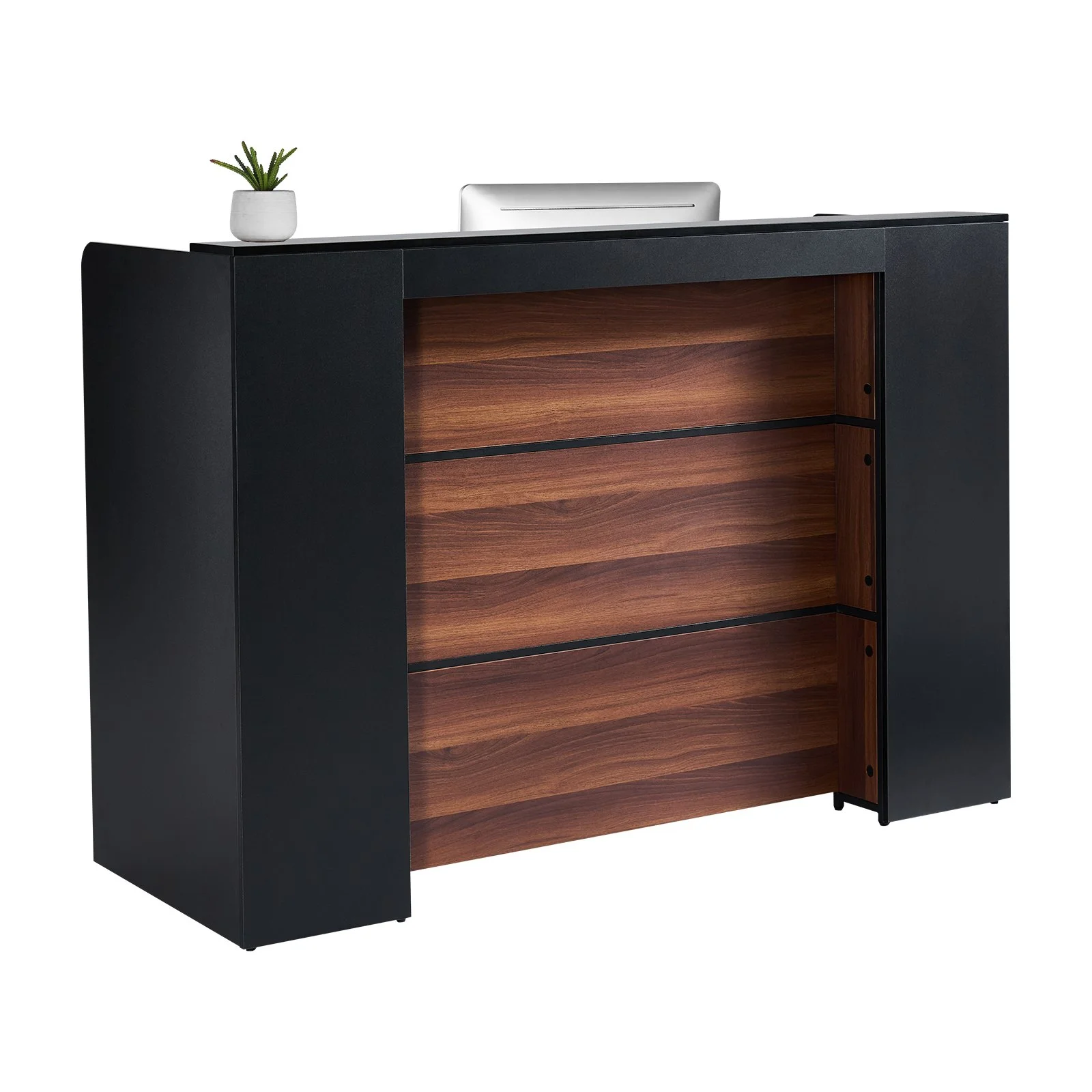 Reception Desk, 62 Inch Rectangular Front Counter Table, Office Reception Desk Front Retail Counter with LED Light, for Checkout, Lobby, Beauty Salon and Office, Black & Brown