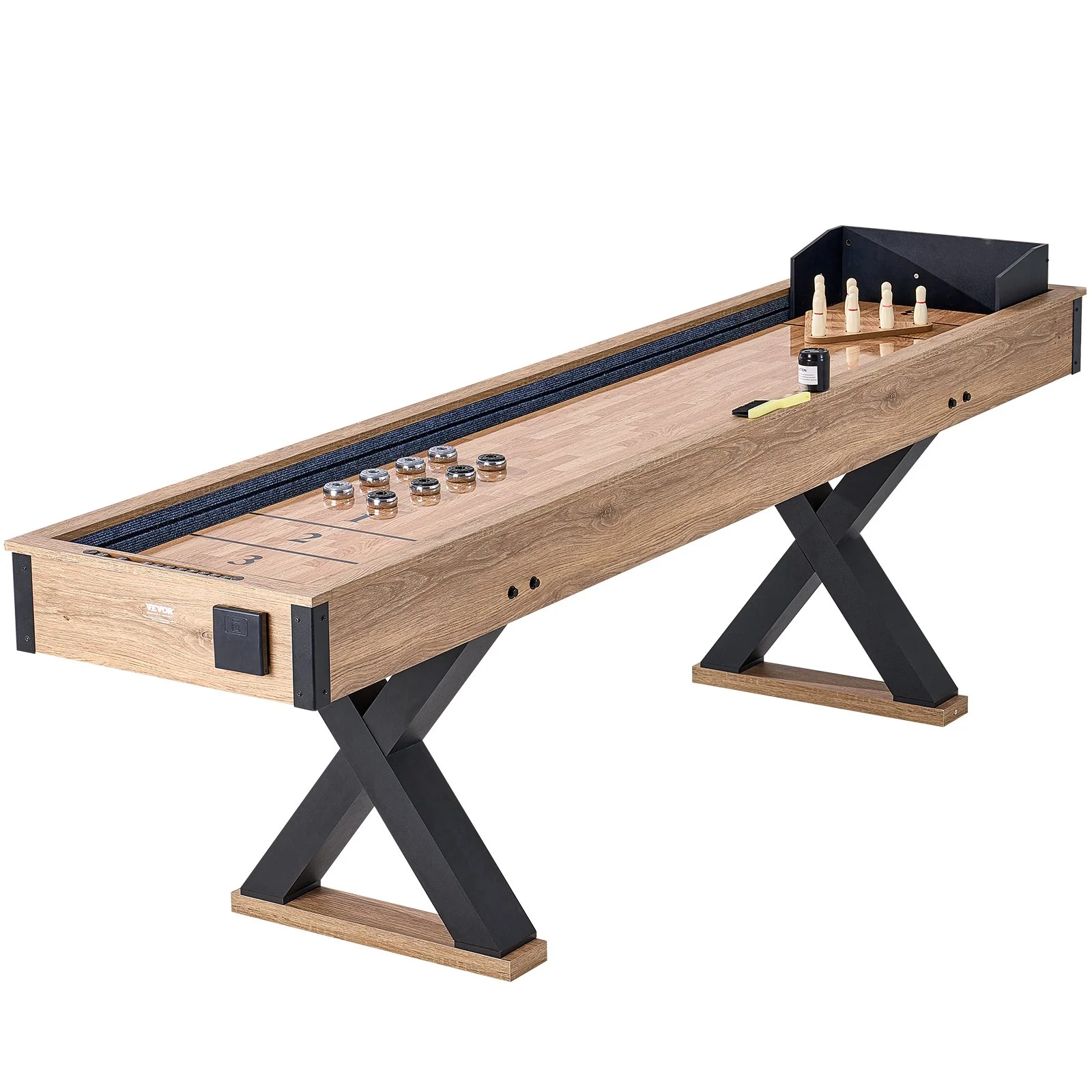 Shuffleboard Table, 9 ft Shuffleboard for Family Game Rooms, 2 in 1 Shuffleboard and Bowling Combo Game Set, with Scratch-Resistant Playfield, Legs, 8 Pucks, Bowling Set, Wax, and Table Brush