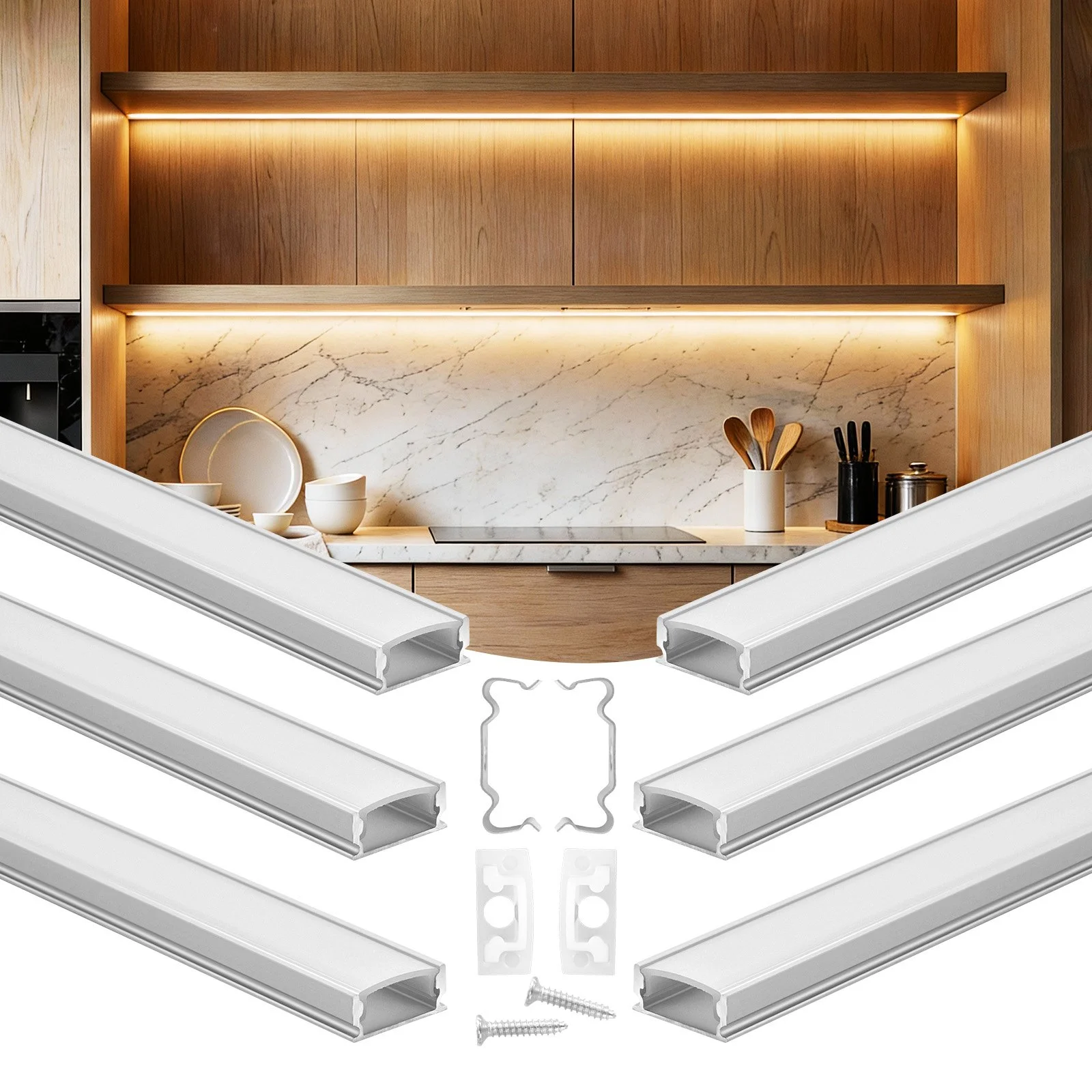 6-Pack 3.3 ft/1M U Shape LED Aluminum Channel, with Milky Cover, End Caps and Mounting Clips, Aluminum Profile for LED Strip Light Installations, Easy Installation, for Under Cabinet Counter