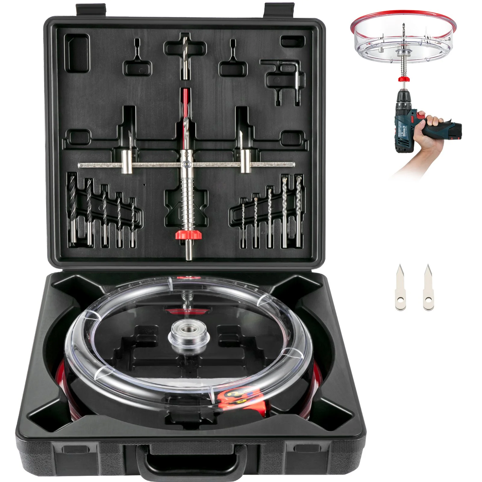 Adjustable Hole Saw Cutter Kit, 1-5/8" to 11-13 /16" (40-300 mm), Recessed Hole Saw with PC Dust Shield, Two Replaceable Pilot Drill Bits, for Recessed Lights, Ceiling Speakers, Vent Holes