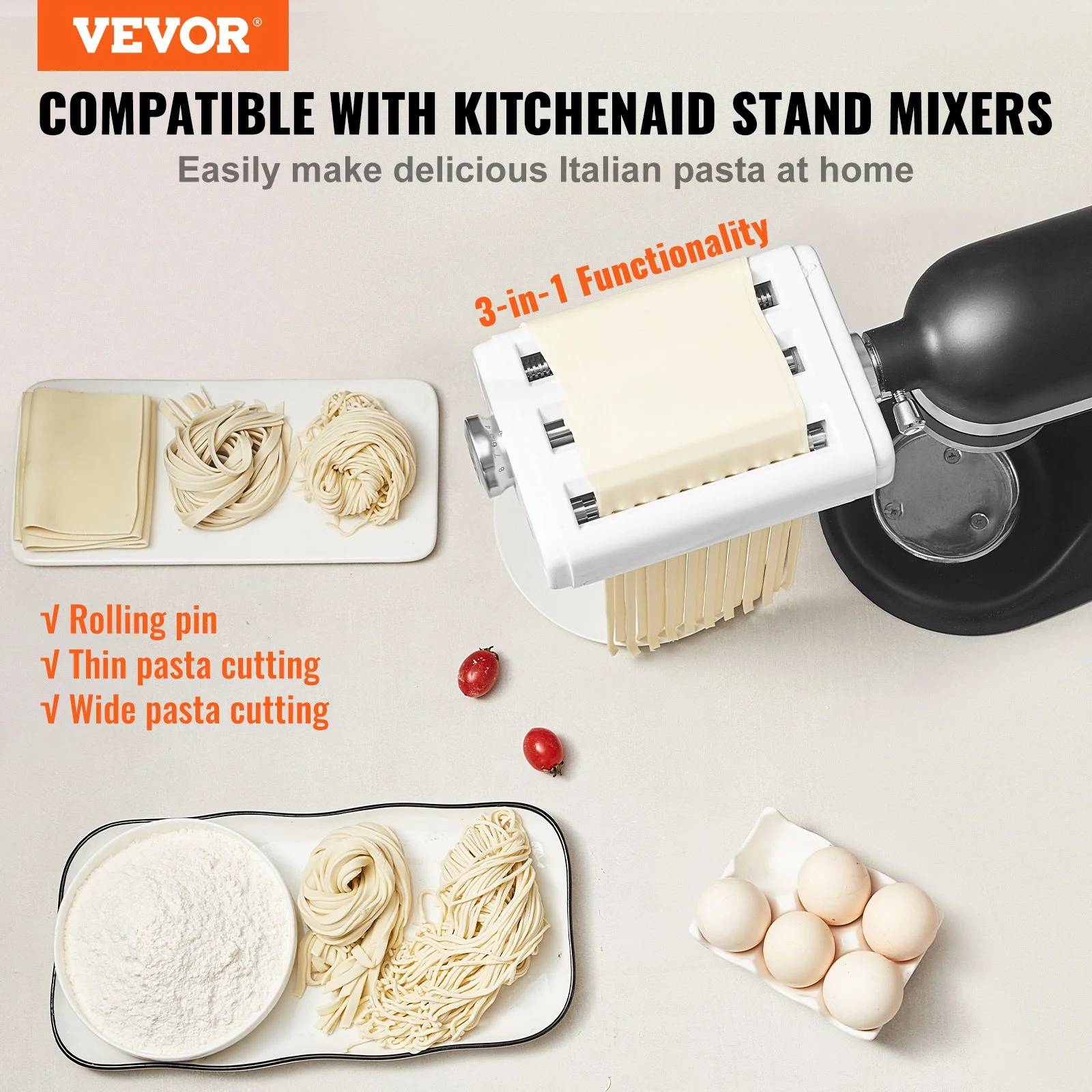 Pasta Attachment for KitchenAid Stand Mixer, 3-IN-1 Stainless Steel Pasta Roller Cutter Set Including Pasta Sheet Roller, Spaghetti and Fettuccine Cutter, 8 Adjustable Thickness Knob Pasta Maker - Image 9